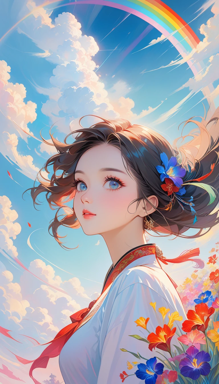 Chinese woman, Close-up of face, Soaring female figures **** Ribbon, smokes, in the sky, Vibrant colors, Mysterious colors, Modern Impressionism, portraiture Yanjun Cheng, Rainbow painting, 3/4 Perspective, Cute face, Low Angle, Wide Rotation Composition, Large target, Beautiful crystal eyes, Large target iris, Ultra HD, Human Development Report, 8,000, (masterpiece: 1.5), (The most beautiful portraits in the world: 1.5)