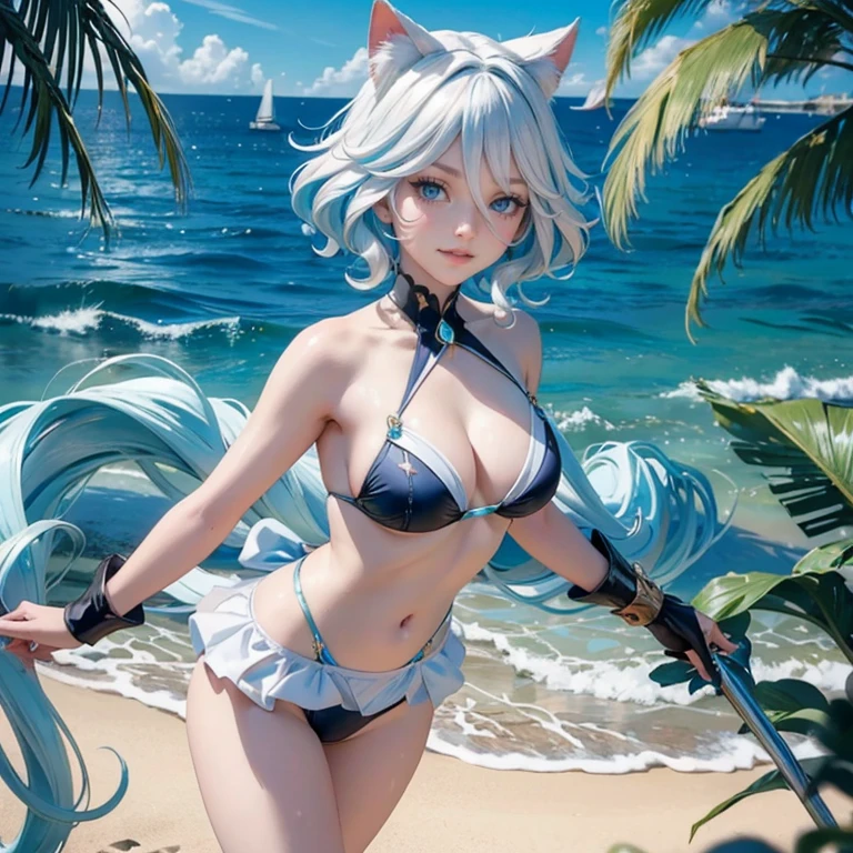 Furina(genshin impact), 1 girl, ornament hair, swim suit, gloves, wave hair, white hair, blue hair, medium hair, beach scene, sea on focus, blue swim suit, more details on her clothes, sea, night, smiling, ornament hair, long hair, palm trees, Looking at the viewer, flowing hair, Beautiful Eyes, Plump and glossy lips, white swim suit with too many frills, beach, beach scenery, sparkle, solo, centered girl, cowboy shot, perfectly body, perfectly hands, two arms, two legs, two hands, five fingers, perfect anatomy, glowing hair, cat ears, beach scene, upper body portrait
