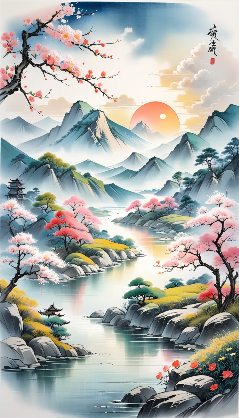 ((masterpiece)),((best quality)),1girl, traditional Chinese painting,inkwash painting,mountain,cloud,river,flower,tree,,pink sun, white and yellow,  traditional chinese,clouds, green and blue tone,,curved white background,