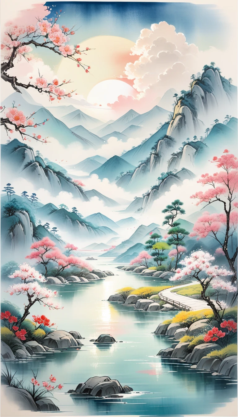 ((masterpiece)),((best quality)),1girl, traditional Chinese painting,inkwash painting,mountain,cloud,river,flower,tree,,pink sun, white and yellow, traditional chinese,clouds, green and blue tone,,curved white background,