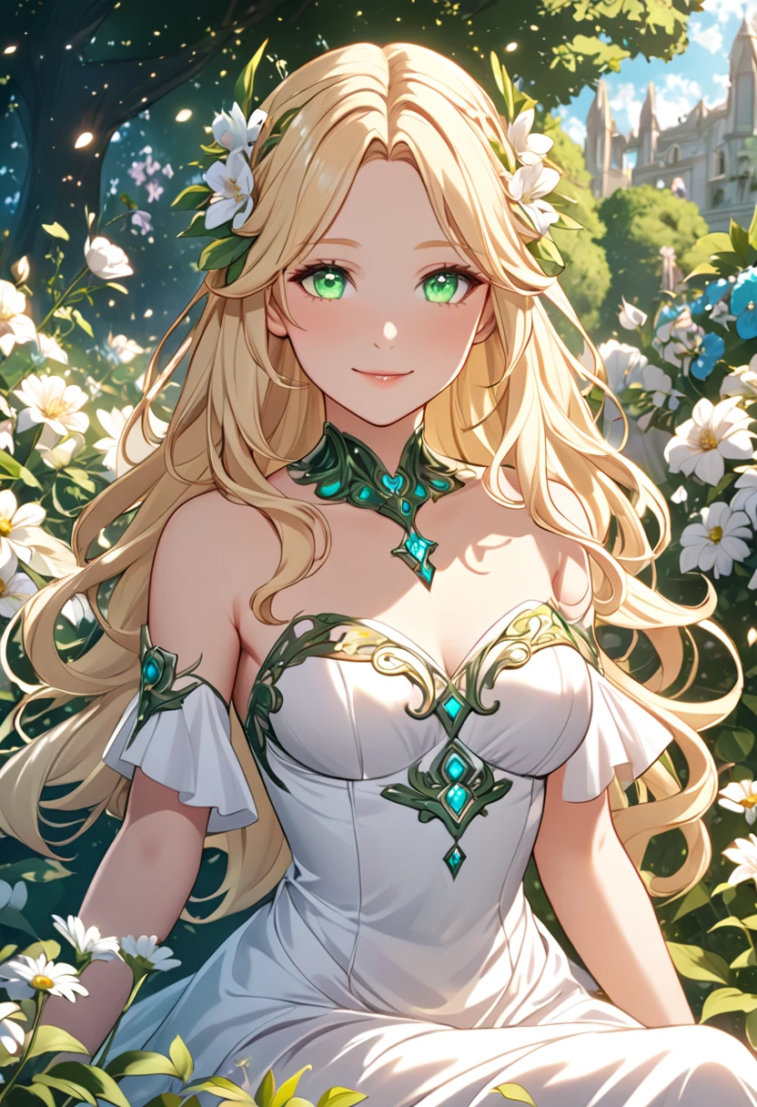 8K, Super detailed, high quality, A woman with a goddess-like smile,euphilia, One Girl,Anime girl with long blonde hair and dark turquoise eyes in a white dress,  Glowing green eyes,  sitting in a garden full of flowers, Wearing an elegant dress, Decorate your hair with flowers, Magic