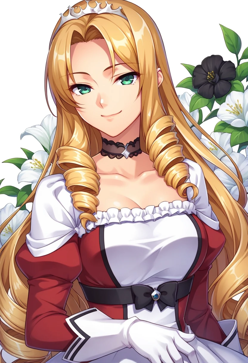 score_9, score_8_up, score_7_up, floral background, romance manhwa, 1girl, blonde hair, solo, long hair, flower, dress, tiara, white dress, gloves, long sleeves, choker, green eyes, narrowed eyes, white gloves, black bow, black flower, drill hair, bow, jewelry, looking at viewer, white background, collarbone, puffy sleeves, silver accessories, upper body, parted bangs, very long hair, red dress, frills, bangs, closed mouth, smile, cowboy shot, dynamic pose, dynamic angle, dynamic cut