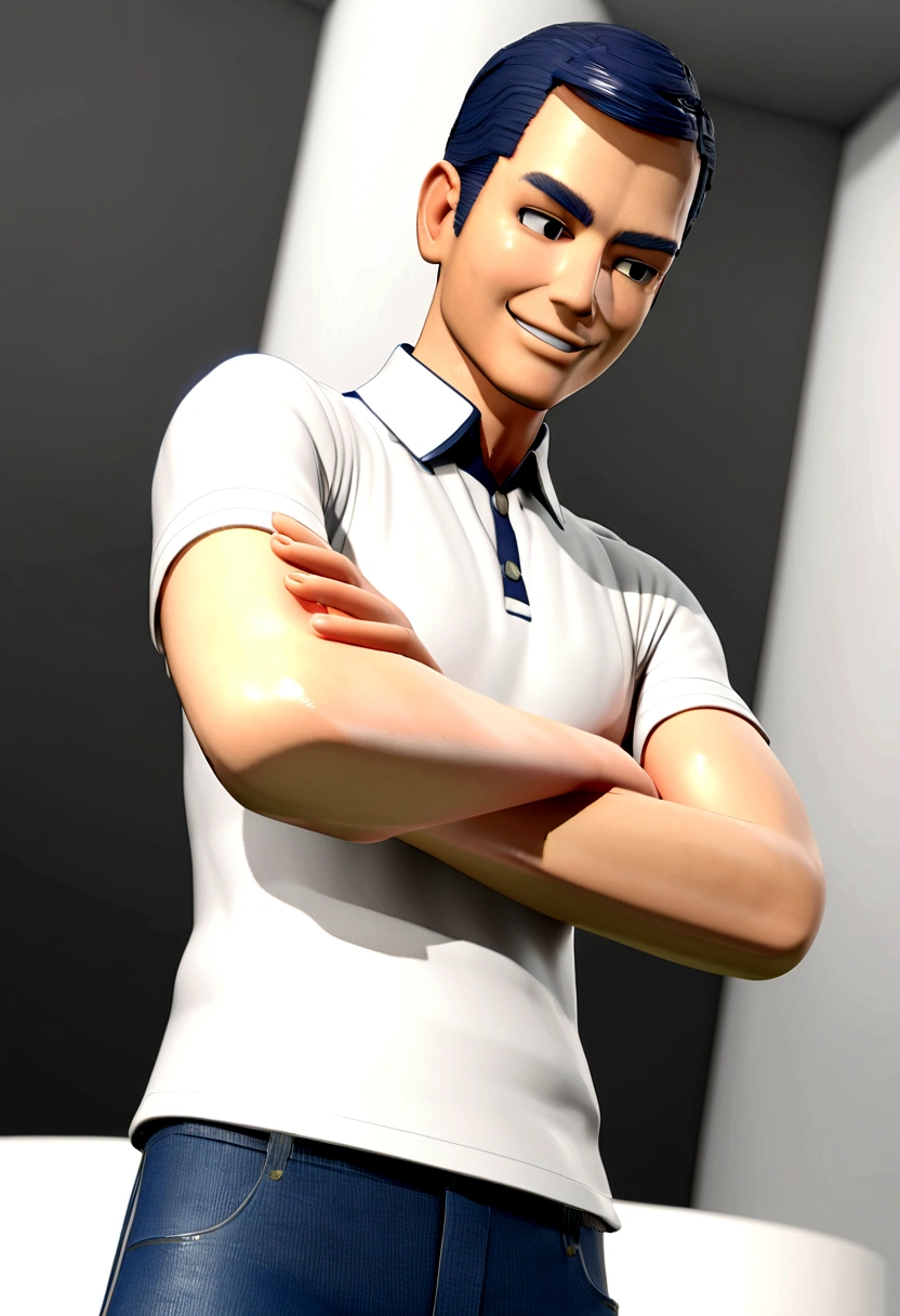 naughty man . Cartoon in white polo shirt with white collar and sleeves, plain shirt without details. navy blue jeans, crossed arms, looking straight ahead and smiling with teeth slightly showing; big black eyes, hair grey,in a clear setting , 3d