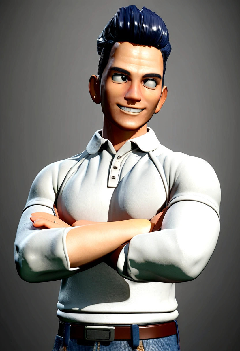 naughty man . Cartoon in white polo shirt with white collar and sleeves, plain shirt without details. navy blue jeans, crossed arms, looking straight ahead and smiling with teeth slightly showing; big black eyes, hair grey,in a clear setting , 3d