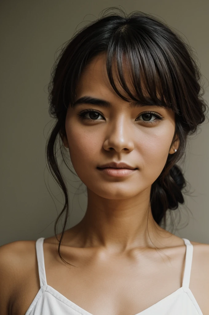 Generates an image of woman's beauty, with white skin, with a young and relaxed face, This image should promote cosmetic products