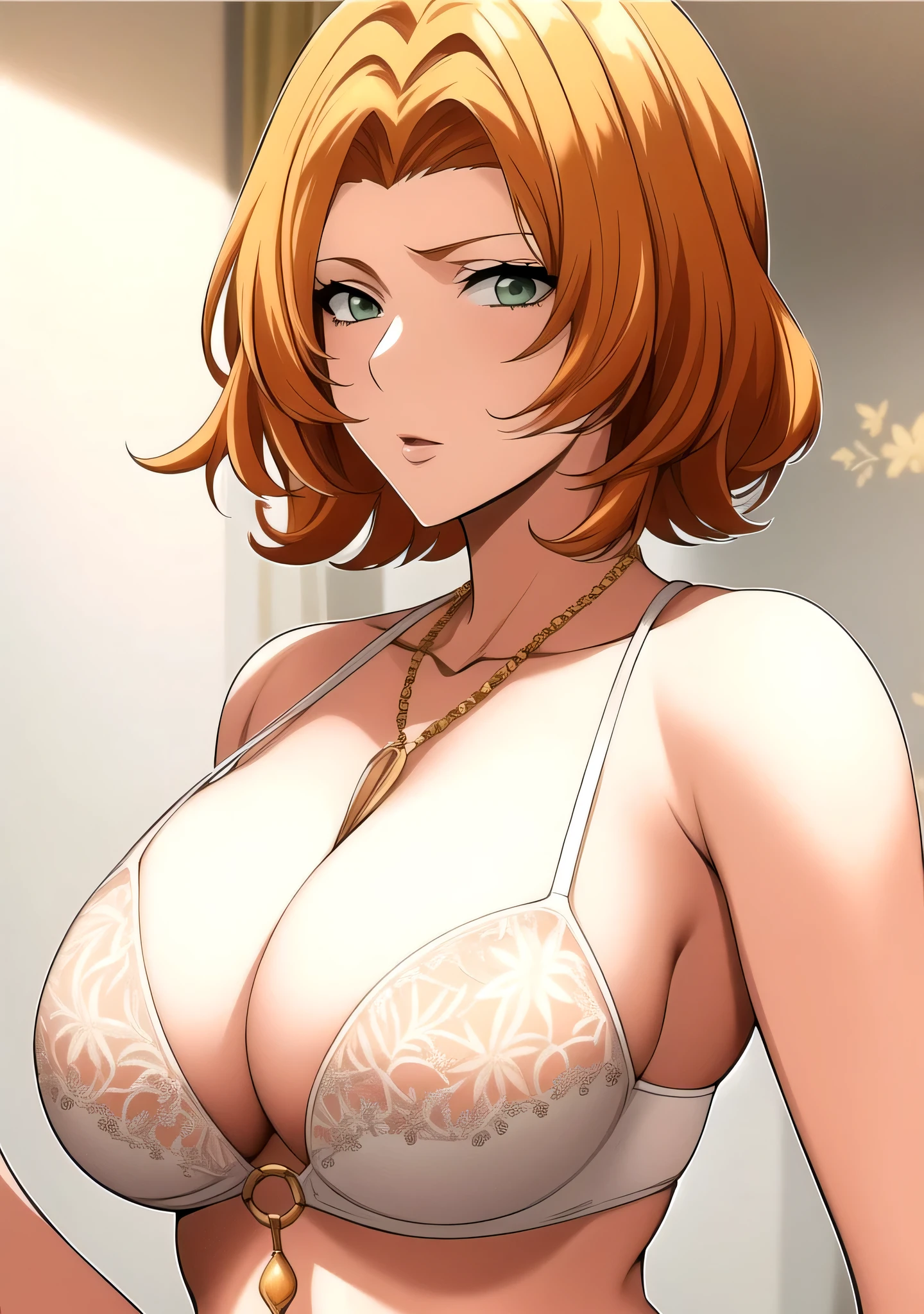 One woman、solo、Short Hair、Orange Hair、Green Eyes、Tall Woman、White bra、Big Breasts、Cleavage、A woman with very large breasts、Gold Necklace、bra with an white、Toned body、The finer details、detailed、masterpiece、Highest quality、4K、High resolution、looking at viewer、Bust Shot、
