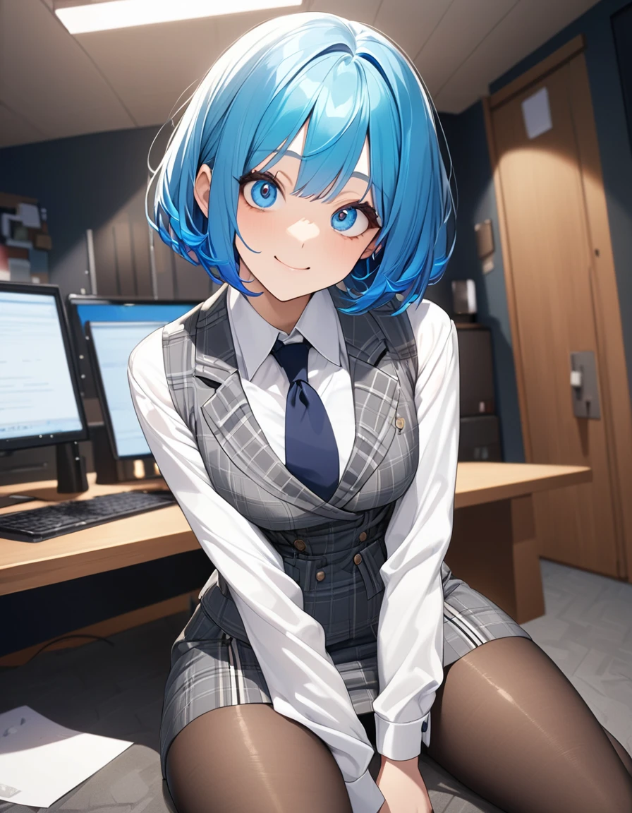 (Highest qualityのイラスト:1.2), (pretty girl:1.1), (1 girl、、Highest qualityのイラスト:1.2), (1 girl、smile、Big eyes)、((Bright blue hair:1.2))、Short Bob Hair、(Highest quality、Very detailed、Very detailed and beautiful、Ultra-high resolution) 、BREAK wearing a [[white and gray plaid pattern]] vest over a long sleeve white collared-shirt), (buttoned gray vest:), (tight black pencil skirt), (pantyhose),office、Front facing、smile、