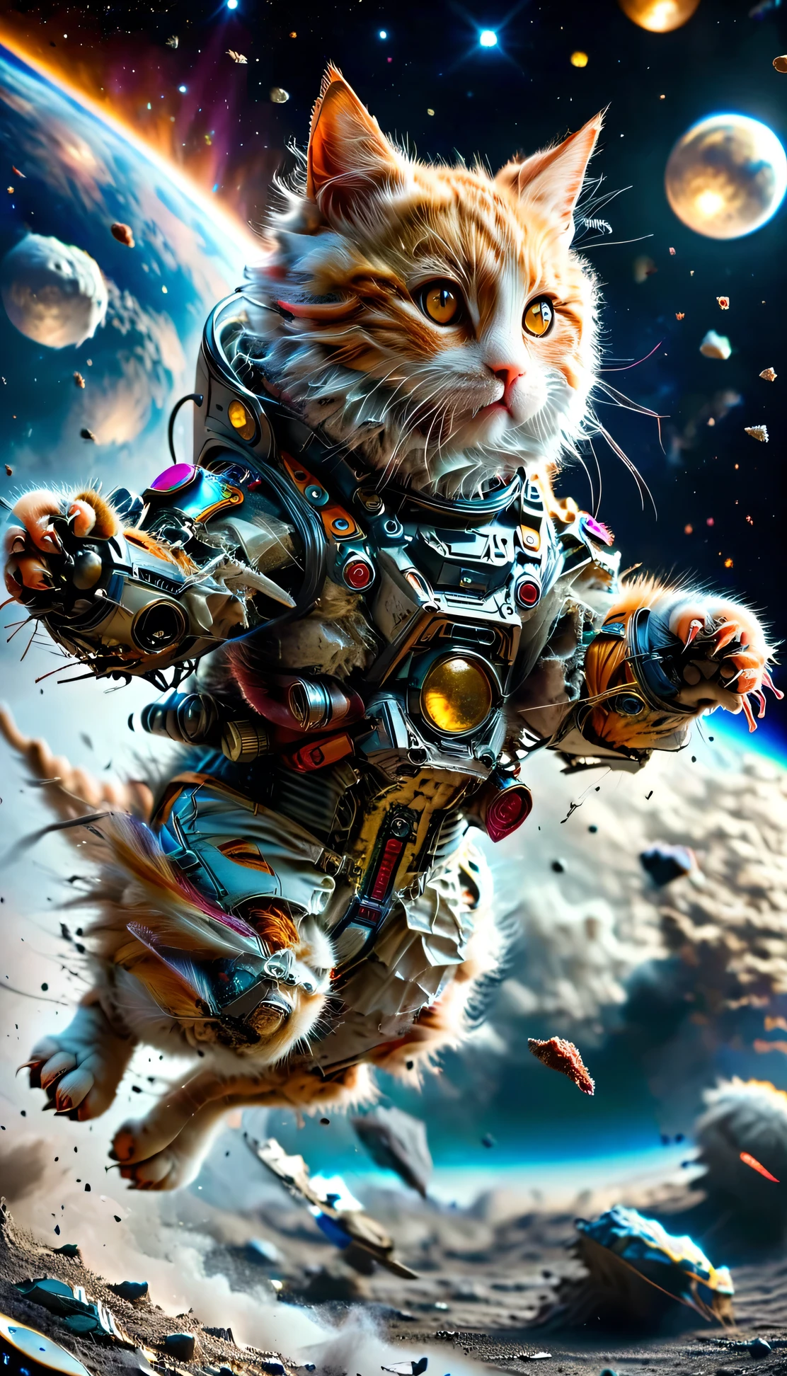 A cat in a spacesuit landed on the moon。Earth in the background。