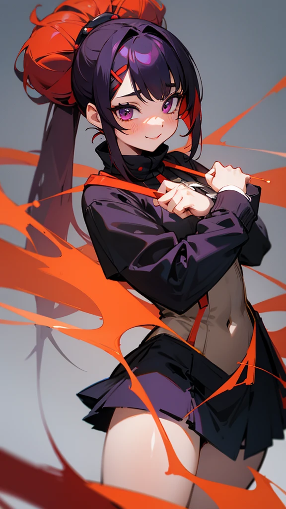 high tail hairstyle, Ponytail hairstyle, Long wavy black hair, standing posing, anime girl style, pixel art anime style,penetrating look with deep eyes,red and purple eyes, hair with a ponytail hairstyle trapped with a big red bun, Women, red hair clips, x color shaped hair clips , smiling face blush, 