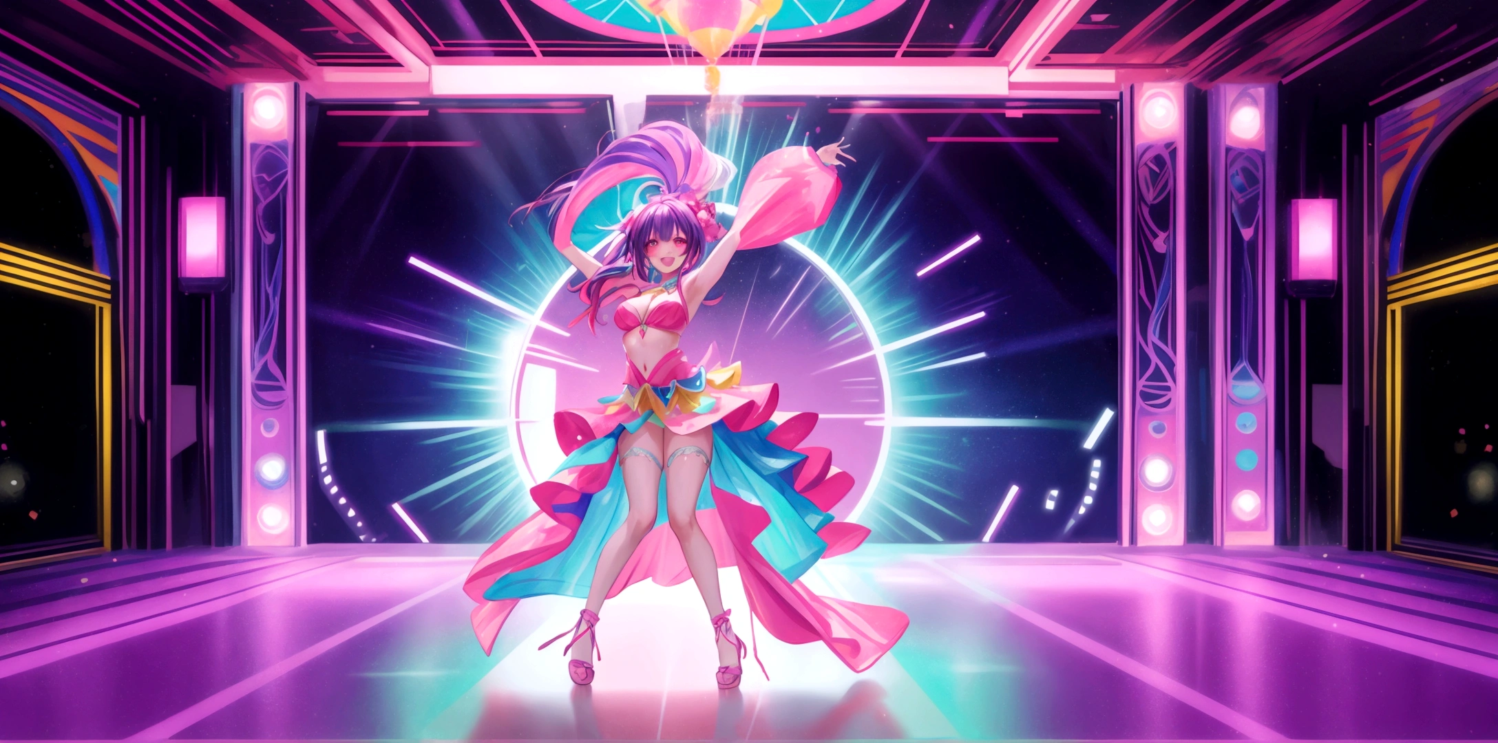 A vibrant and colorful anime-style dance floor scene. The background features bright neon lights and a lively atmosphere. The setting includes shining disco balls and colorful lights painting the floor, creating a sense of celebration and happiness. The scene captures the essence of a joyful and upbeat dance party, with a magical and festive environment. The dance floor is illuminated with bright colors, creating a dreamlike and energetic vibe.