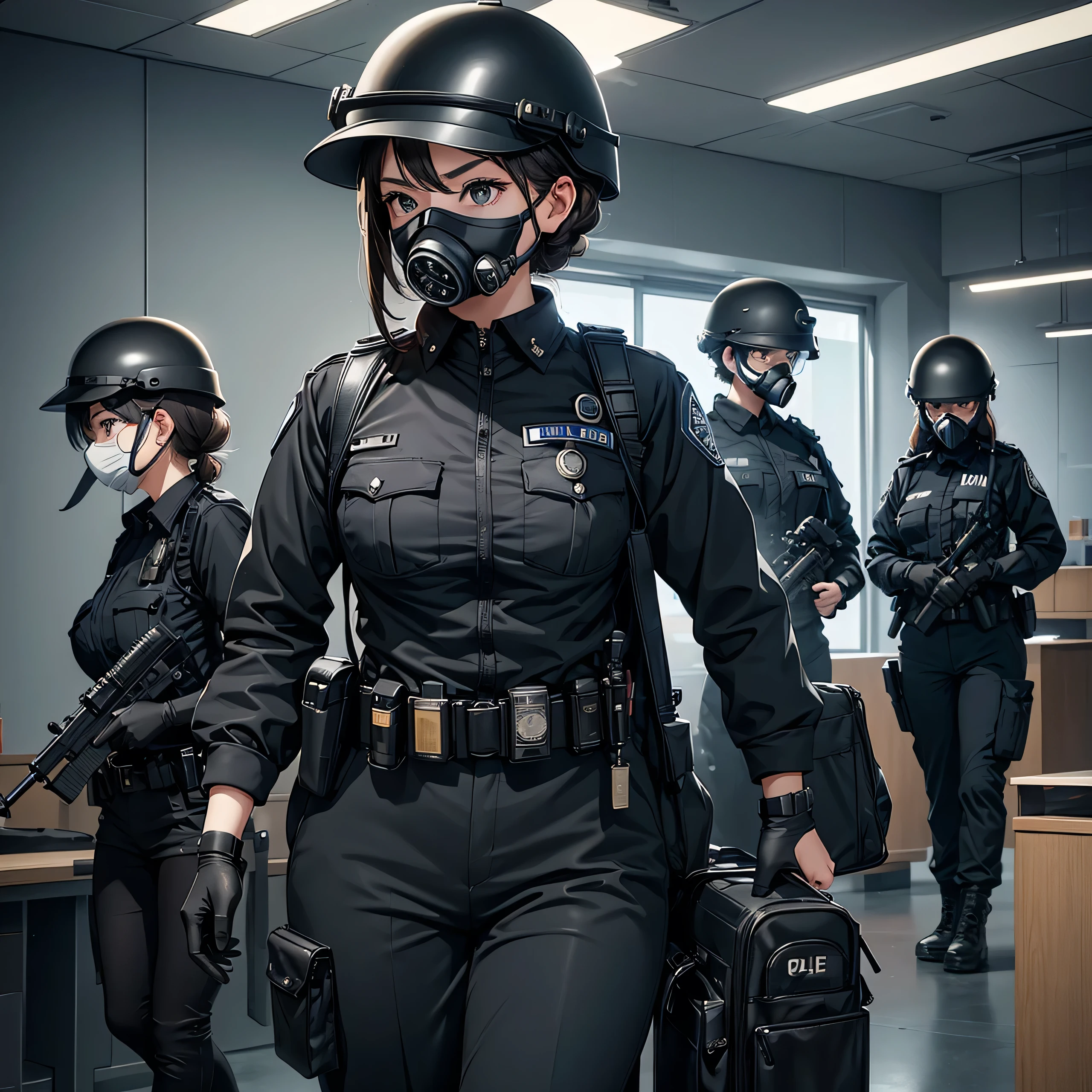A group of female police officers all in black uniforms、helmet、Gas Mask、Goggles、indoor、Hospital、masterpiece、best quality、Highly detailed CG、8K picture quality