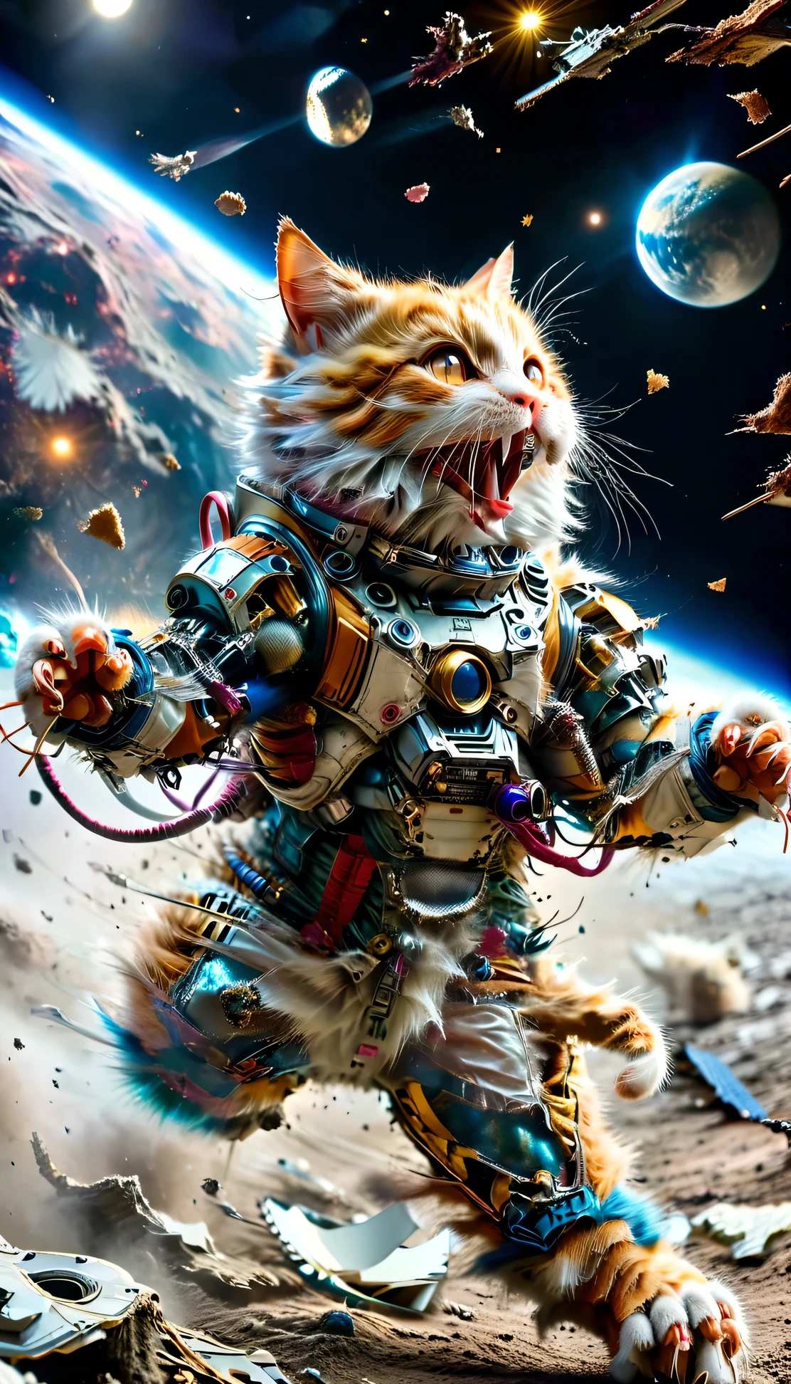 A cat in a spacesuit landed on the moon。Earth in the background。