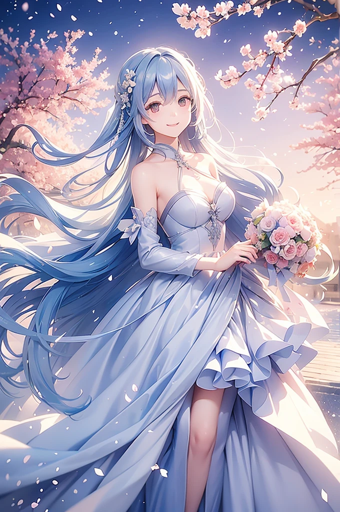 A girl with long blue hair, wearing a long wedding dress, holding a ball of flowers, smiling face, surrounded by falling cherry blossom petals, the colors are magical and shimmering, the effect is magical and filling. remote, panoramic view from afar