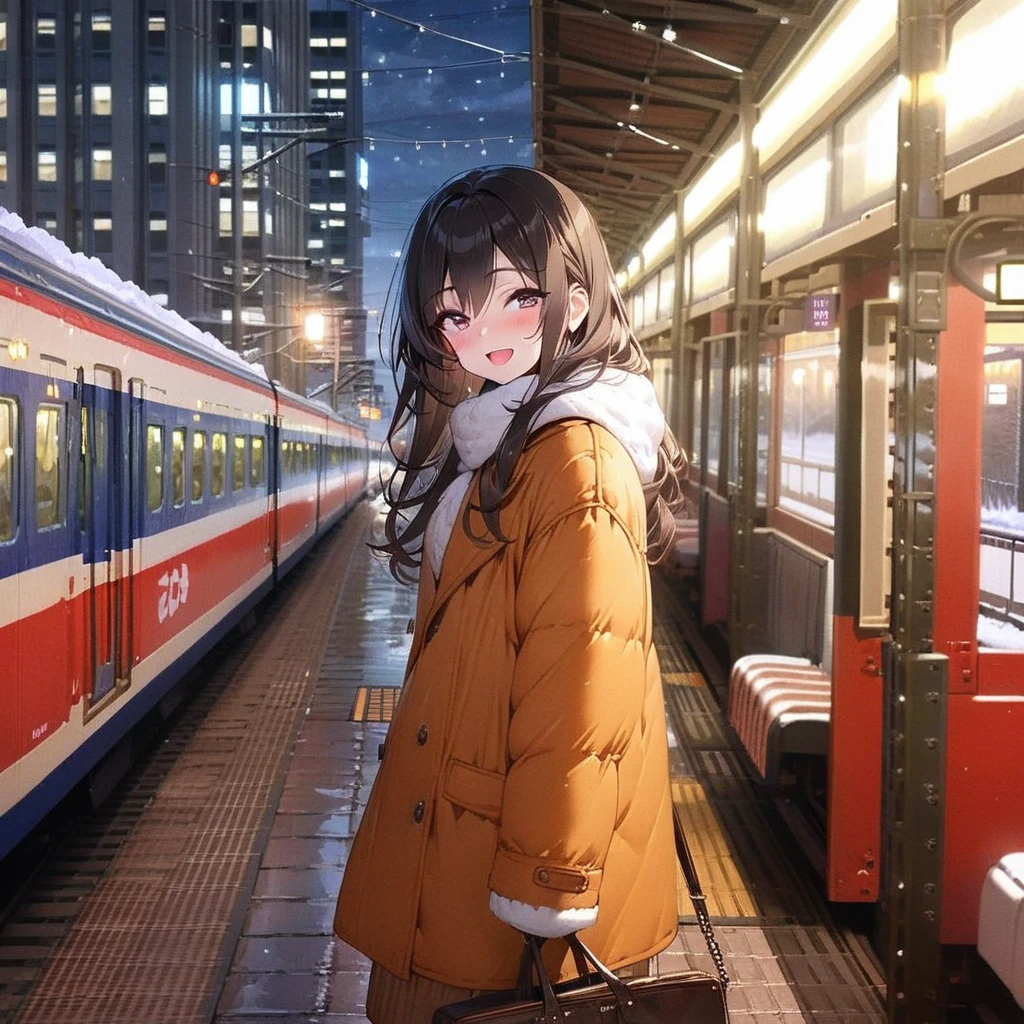 Kintetsu Vista Car、Double-decker train, outdoors, (vehicle focus), train station, window,snow,night,building,Leading vehicle,(headlight),signboard,1girl,,smile,open mouth,winter outfit,middle,black longhair,ultra-detailed,masterpiece,best quality