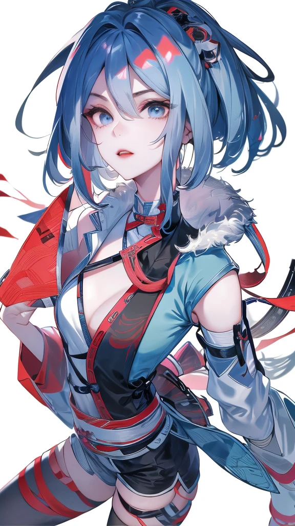 Masterpiece, Best quality, 1 Ji Ruxue, the expression is cold, strong, blue eyes, short hair, wolfcut hairstyle, smoky mix blue color hair, resolute eyes, red lips, simple Taoist Taoist uniform, Chinese mix morden, frontal photo, black or white background, simple background, アニメ, illustration, Chinese style short-sleeved shirt, cool girl, Ji Ru Xue, Fullbody, blank background , full HD
