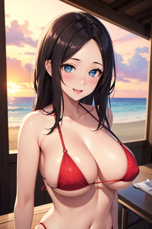 One Woman, Highest quality, masterpiece, Ultra HD, beautiful胸, Cleavage, anime, super beautiful, Beautiful breasts, Shapely breasts, Upper Body, Underboob, Sideboob, Highly detailed eyes, blush, Firm breasts, sunset, Red micro bikini, Stylish, Beauty, beautiful, Emphasize the chest, Forehead visible, Adult sex appeal, Adult charm, Super Resolution, Beautiful eyes, Beach, High-resolution pupils, High resolution , Big Breasts, Very large breasts, Mature Woman, Married Woman, Very sexy body, smile, Open your mouth, wife, Wife, Three-dimensional breasts,