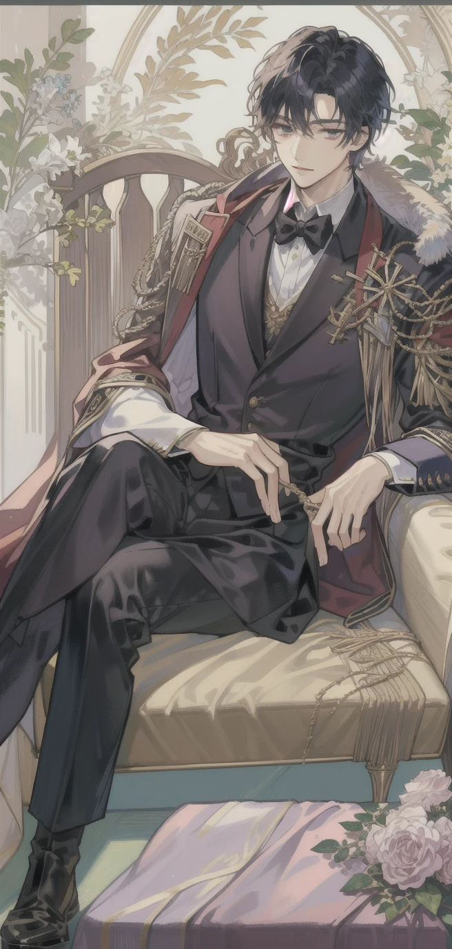 anime - style picture of a man in a tuxedo sitting on a chair, delicate androgynous prince, ((wearing aristocrat robe)), beautiful androgynous prince, anime key visual of elegant, dignified aristocrat, royal elegant pose, aristocratic appearance, royal attire akira, ornate attire, imperial royal elegant clothing, wearing a black noble suit