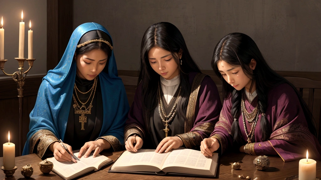 "Description: Illustrate a scene of individuals deep in contemplation of their beliefs about the afterlife as described in the Bible. Show diverse characters reflecting on their choices and life decisions, surrounded by symbols of faith and scriptures that challenge them to consider their eternal perspective.
Details: Use soft, introspective lighting and subdued colors to create a reflective atmosphere. Include elements such as open Bibles, prayer beads, and personal journals where individuals record their thoughts and spiritual insights. Show expressions of introspection, contemplation, and spiritual searching on the faces of those engaged in this process, symbolizing their journey of faith and self-discovery."