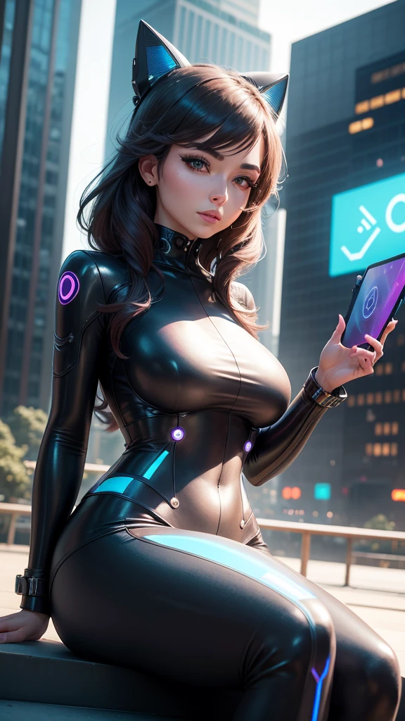 A highly productive woman with a seductive figure is sitting on a bench in a futuristic city park in the year 2050, holding a holographic tablet, with a backdrop of minimalist buildings and neon trees. The camera faces her directly, highlighting her focused expression.