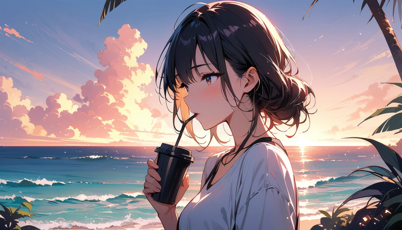 (masterpiece, Highest quality:1.2), 1 Girl, alone,Eyes open,Drinking coffee,Tropical atmosphere,Ocean