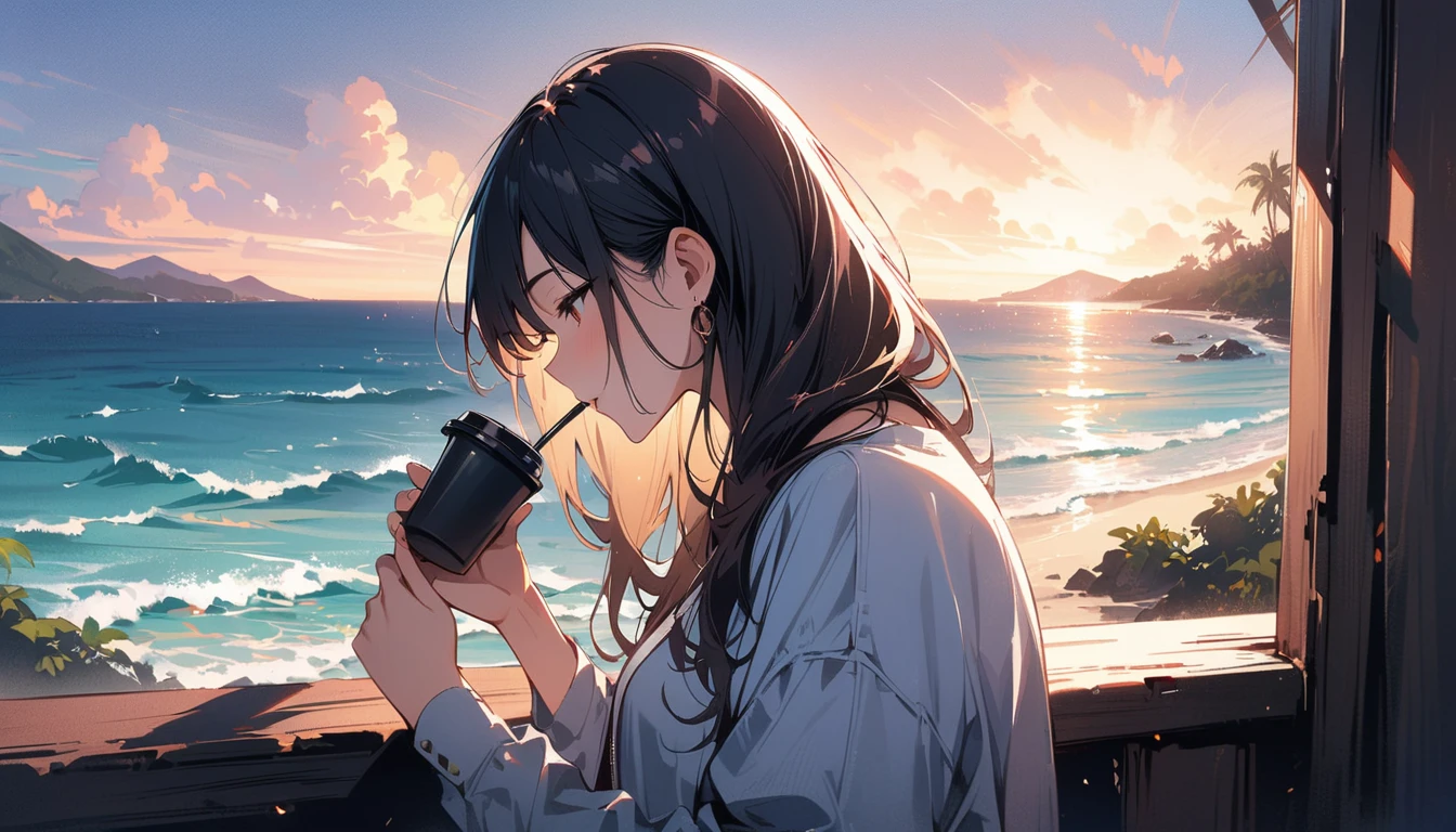 (masterpiece, Highest quality:1.2), 1 Girl, alone,Eyes open,Drinking coffee,Tropical atmosphere,Ocean