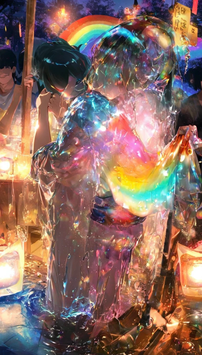 Two people、Tanabata、Strip、Bamboo leaf、Stripに願いをこめて、Stripを持っている、Grilling in a yukata,fluid,Particles of light, dream-like,Sparkling,dream-like glow,Paint drips,oil,strong stroke,Paint drips,Splash Paint Drop, oil,(Abstract:1.2)A girl and a boy made up of(Tanabataライトトレース:1.25),Change to (Radioluminescence light tracking) スタイルTanabataのSummer festival,Two peopleは織姫と彦星(Cowboy Shot,Above Knee Portrait:1.25),Temple Fair,Summer festival,Shining in rainbow colors、16K, Ultra-high resolution, to be born,wonderful ,future、Iridescent、The world 30 years from now。