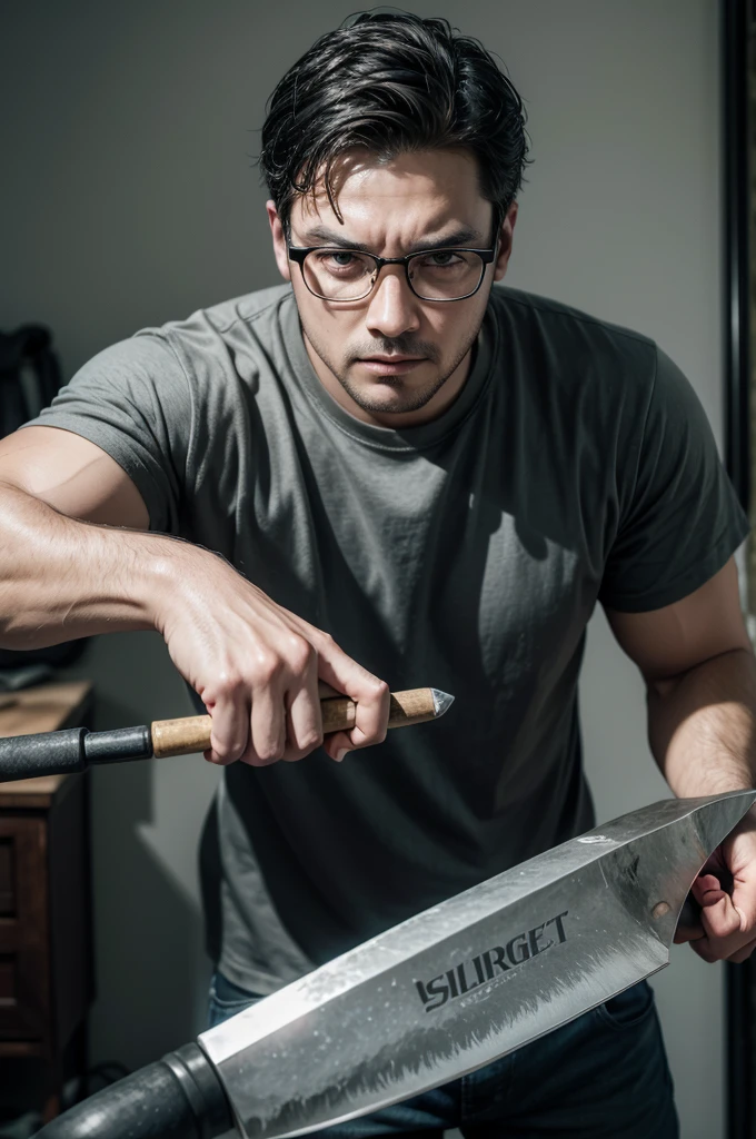 Knife a man holding a sledgehammer to hit towards an eyeglass frame in front of him