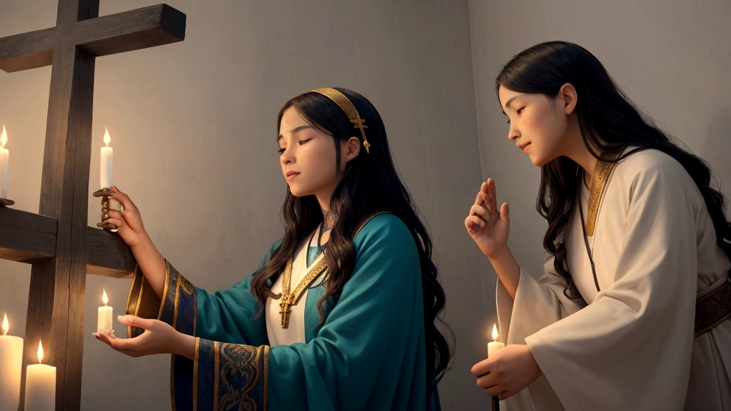 "Description: Create a scene illustrating individuals striving to live with an eternal perspective influenced by biblical teachings. Show diverse characters engaging in acts of kindness, prayer, and community service, guided by their beliefs about the afterlife and God's will.
Details: Use warm, inviting colors and uplifting imagery to convey a sense of purpose and spiritual fulfillment. Include symbols of faith such as crosses, dove symbols, and radiant light illuminating scenes of daily life. Show expressions of compassion, determination, and inner peace on the faces of those living with an eternal perspective, reflecting their commitment to aligning their actions with God's will."