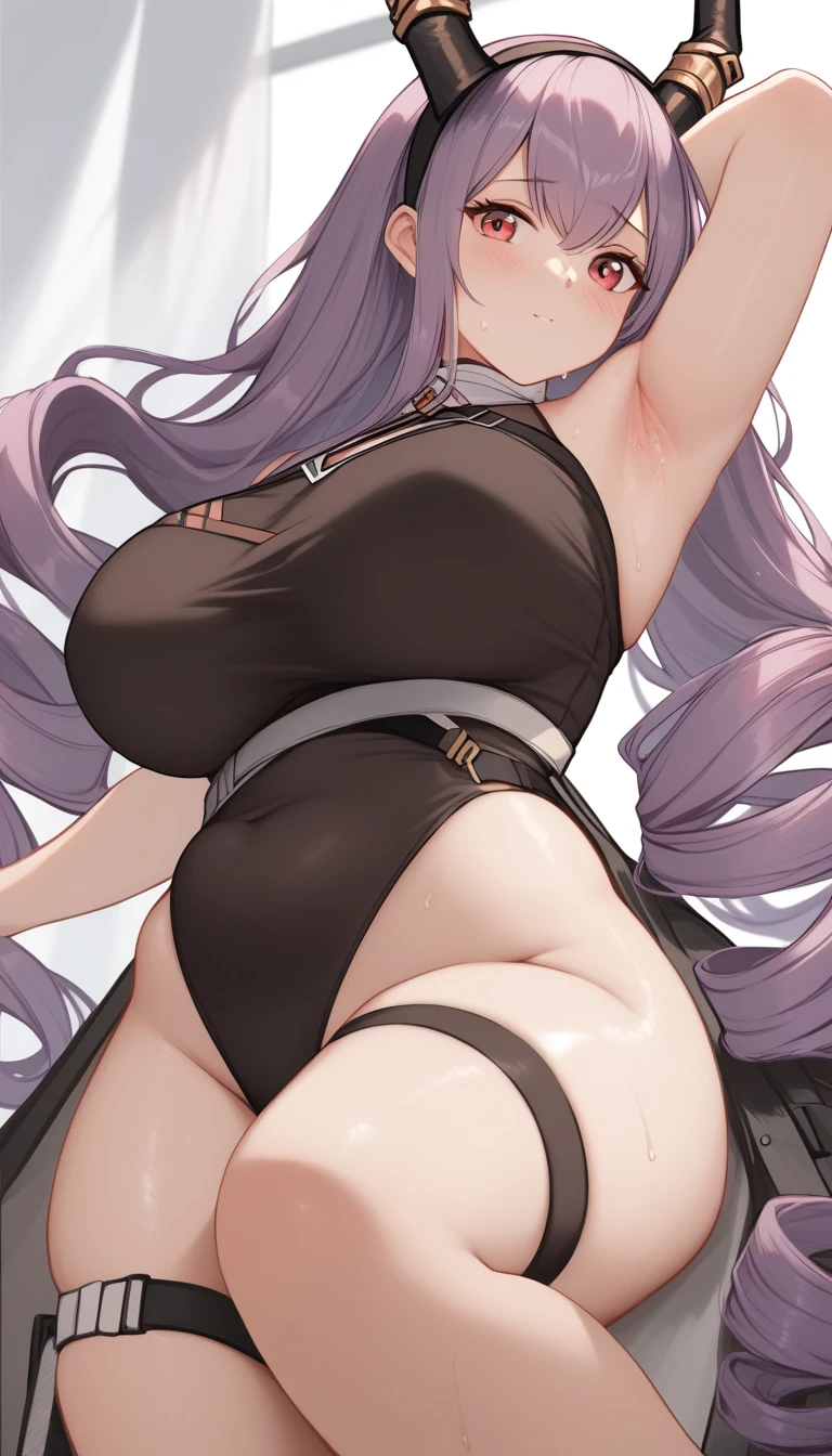 16K,typhon \(arknights\), 1girl, long hair, very long hair, purple hair, sidelocks, drill hair, twin drills, red eyes), black hairband, horns,black leotard ,cute,blush,(((big breast))),arm up,((armpit focus)),Plump Armpits,Thick armpits,Drawn armpits,Armpit sweat,shiny skin,(((thick thighs)))