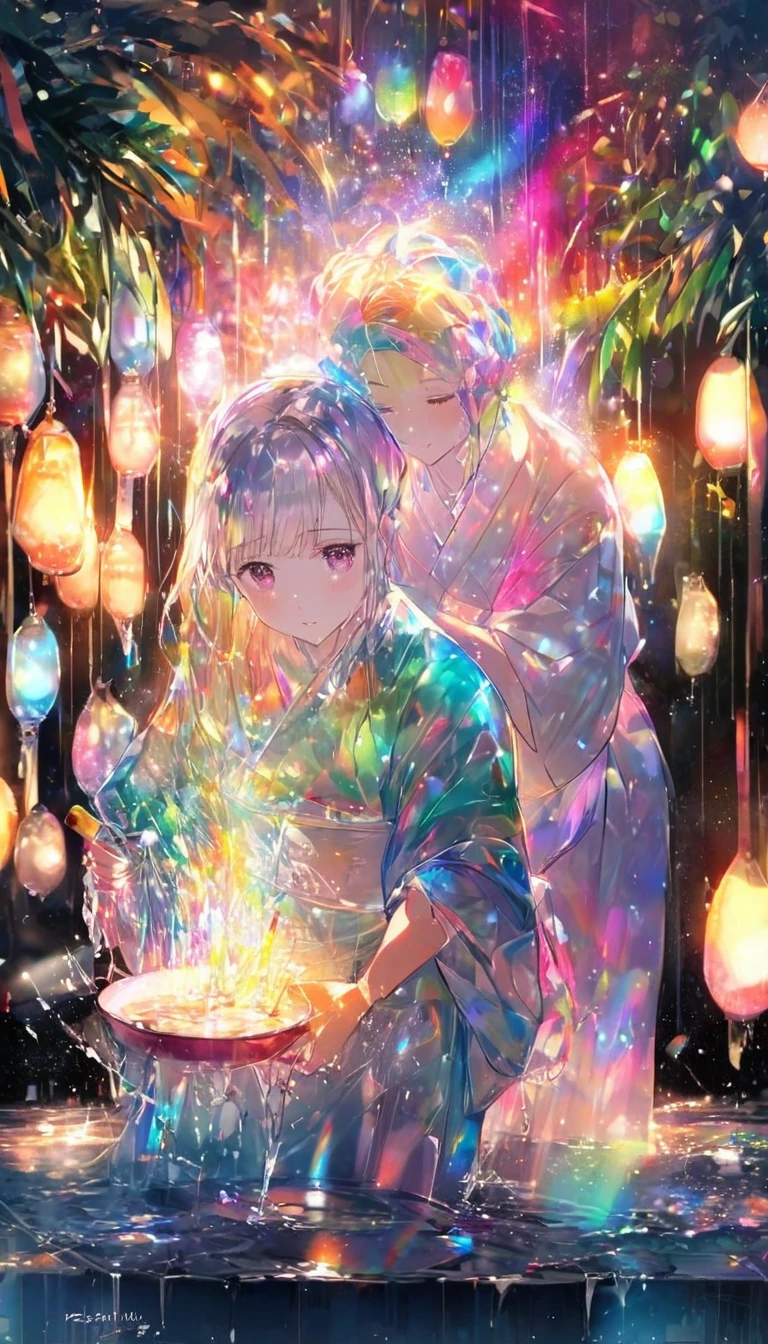Two people、Tanabata、Strip、Bamboo leaf、Stripに願いをこめて、Stripを持っている、Grilling in a yukata,fluid,Particles of light, dream-like,Sparkling,dream-like glow,Paint drips,oil,strong stroke,Paint drips,Splash Paint Drop, oil,(Abstract:1.2)A girl and a boy made up of(Tanabataライトトレース:1.25),Change to (Radioluminescence light tracking) スタイルTanabataのSummer festival,Two peopleは織姫と彦星(Cowboy Shot,Above Knee Portrait:1.25),Temple Fair,Summer festival,Shining in rainbow colors、16K, Ultra-high resolution, to be born,wonderful ,future、Iridescent、The world 30 years from now。