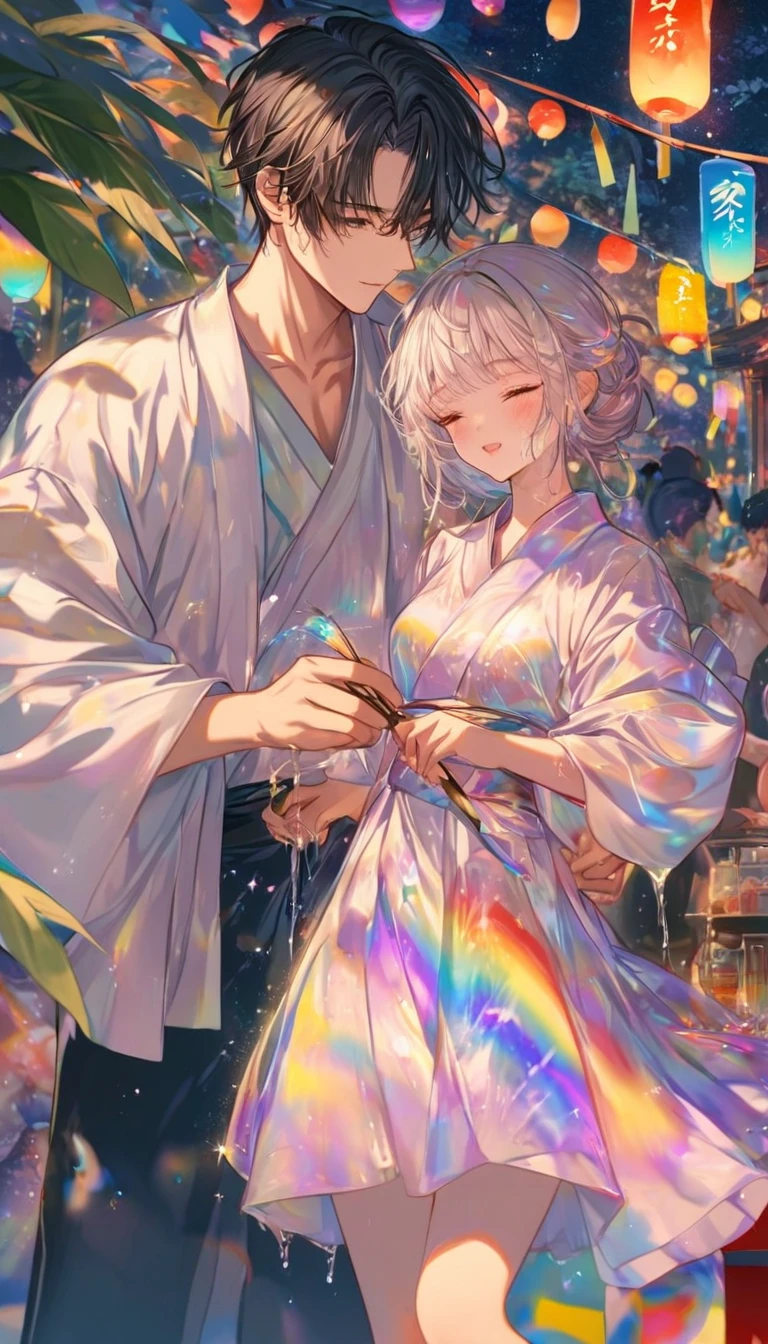 Two people、Tanabata、Strip、Bamboo leaf、Stripに願いをこめて、Stripを持っている、Grilling in a yukata,fluid,Particles of light, dream-like,Sparkling,dream-like glow,Paint drips,oil,strong stroke,Paint drips,Splash Paint Drop, oil,(Abstract:1.2)A girl and a boy made up of(Tanabataライトトレース:1.25),Change to (Radioluminescence light tracking) スタイルTanabataのSummer festival,Two peopleは織姫と彦星(Cowboy Shot,Above Knee Portrait:1.25),Temple Fair,Summer festival,Shining in rainbow colors、16K, Ultra-high resolution, to be born,wonderful ,future、Iridescent、The world 30 years from now。
