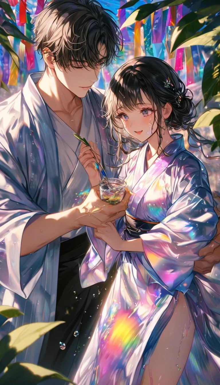Two people、Tanabata、Strip、Bamboo leaf、Stripに願いをこめて、Stripを持っている、Grilling in a yukata,fluid,Particles of light, dream-like,Sparkling,dream-like glow,Paint drips,oil,strong stroke,Paint drips,Splash Paint Drop, oil,(Abstract:1.2)A girl and a boy made up of(Tanabataライトトレース:1.25),Change to (Radioluminescence light tracking) スタイルTanabataのSummer festival,Two peopleは織姫と彦星(Cowboy Shot,Above Knee Portrait:1.25),Temple Fair,Summer festival,Shining in rainbow colors、16K, Ultra-high resolution, to be born,wonderful ,future、Iridescent、The world 30 years from now。