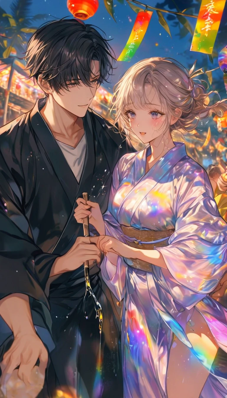 Two people、Tanabata、Strip、Bamboo leaf、Stripに願いをこめて、Stripを持っている、Grilling in a yukata,fluid,Particles of light, dream-like,Sparkling,dream-like glow,Paint drips,oil,strong stroke,Paint drips,Splash Paint Drop, oil,(Abstract:1.2)A girl and a boy made up of(Tanabataライトトレース:1.25),Change to (Radioluminescence light tracking) スタイルTanabataのSummer festival,Two peopleは織姫と彦星(Cowboy Shot,Above Knee Portrait:1.25),Temple Fair,Summer festival,Shining in rainbow colors、16K, Ultra-high resolution, to be born,wonderful ,future、Iridescent、The world 30 years from now。