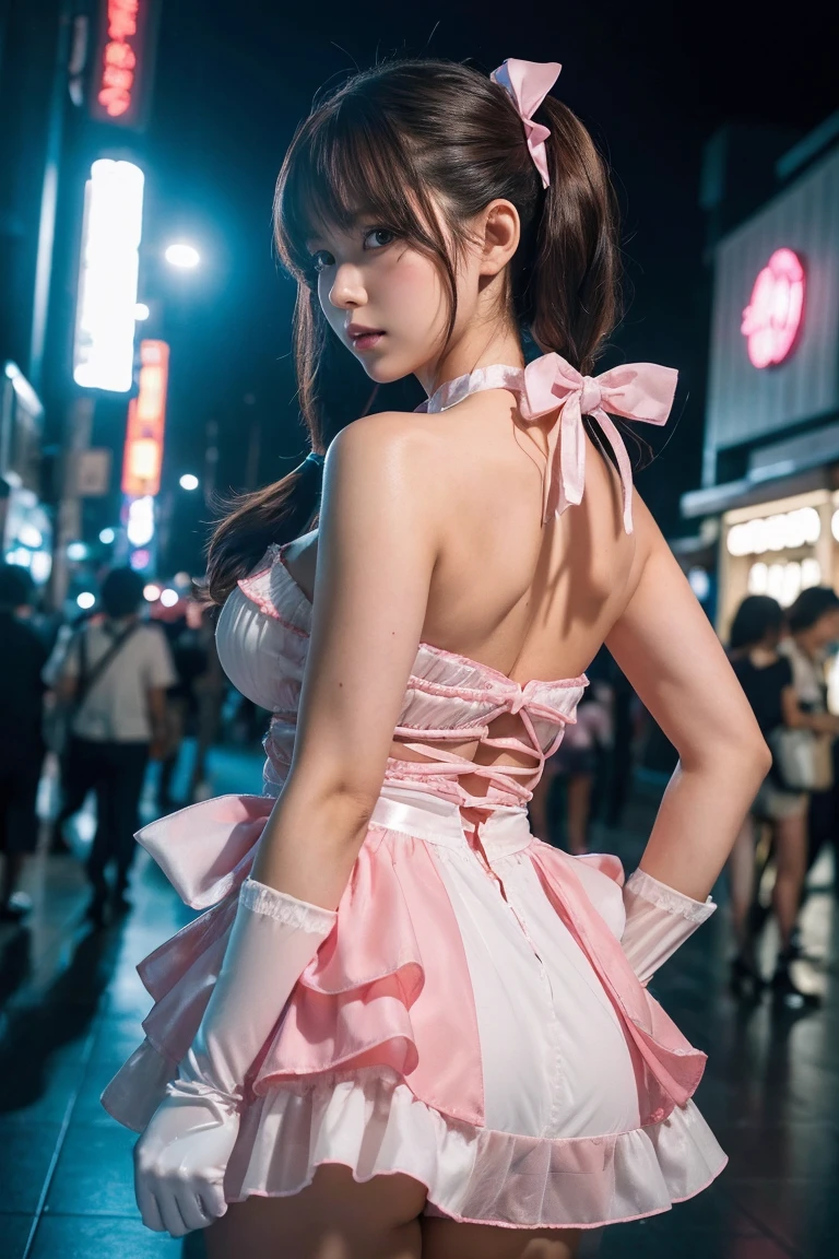 (Magical_Girl_Costume),(Chibi:0.5),Pink short twin tails,Bow,Open shoulder dress with frills,Ribbon on the back of the neck,White gloves,Red gem in the middle of the collarbone\) Standing with a lost and confused face, Showing the viewer the whole body, Breaking,Tokyo Big Sight,Comic Market background,(Breaking,Quality\(8k,Highly detailed CG unit wallpaper, Masterpiece,High resolution,Top-quality,Top-quality real texture skin,Ultra-realistic,Increase resolution,RAW photo,Top quality,Highly detailed,Wallpaper,Cinema lighting,Ray trace,Golden ratio\),(Long shot),Wide shot,Landscape,Precise background,(Photo by top photographer:1.3) Information