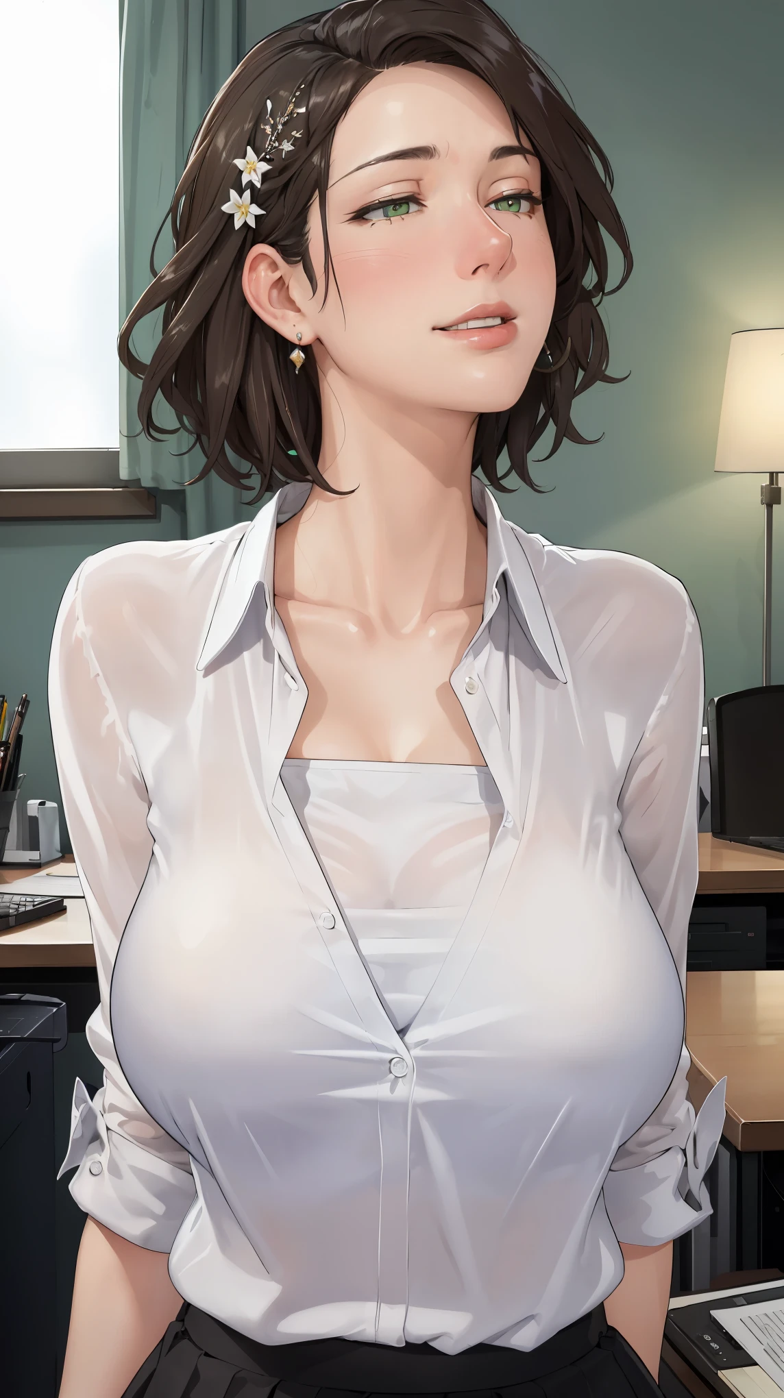 ((((masterpiece, best quality, high resolution)))), Extremely detailed 8K, Beautiful girl with voluptuous body, (Ultra HD, Ultra-detailed, Highly detailed, Highly realistic, Ultra-realistic, photograph realistic), (1girl:1.5), (Realistic black hair), (short wavy hair, hair ornaments, earrings), (dynamic poses), facing at camera, looking at viewer, (blushing red, embarrassed, exhausted, smile), (green eyes, sharp eyes), (massive perky breasts:1.2), (beautiful detailed face, beautiful detailed eyes), ((unbuttoned white blouse, black office skirt)), (detail pussy), (leaning against desk), sweat, glow, (nightlight), ((cowboy shot)), office room, seductive