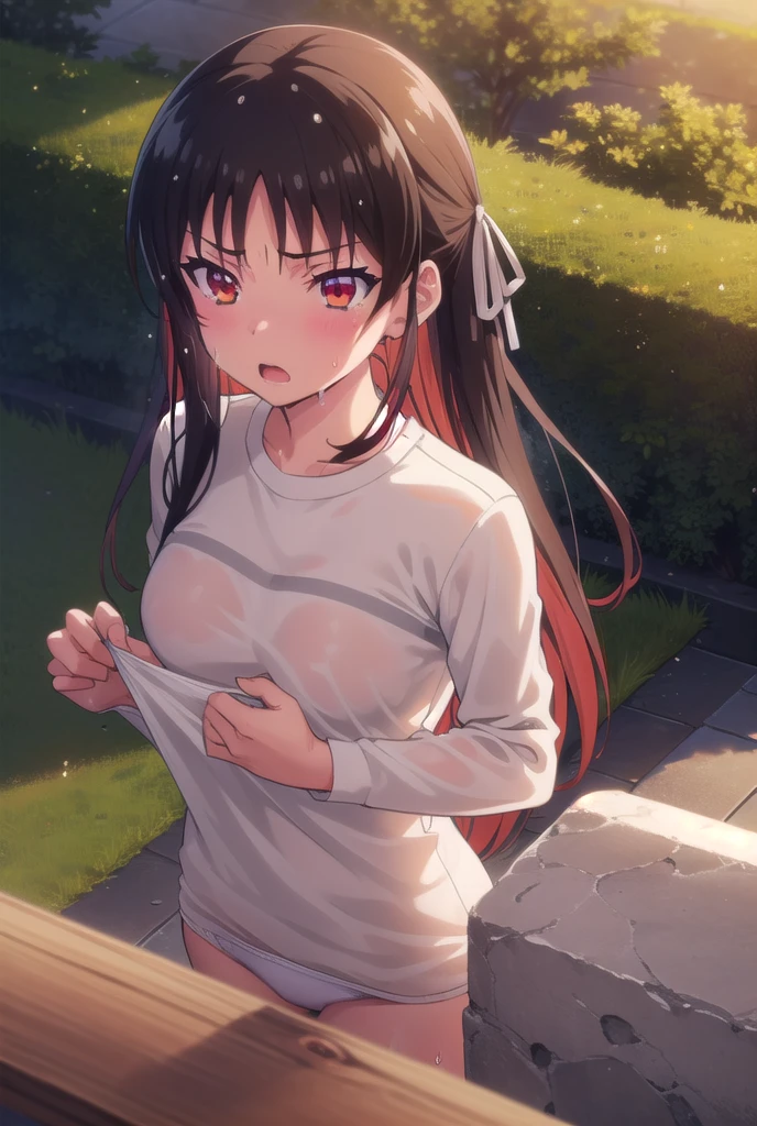 nsfw,suzune horikita, (Red eyes:1.3),Grassland,cowboy shot,(sleep),((overhead shot)),Medium chest,Arms above head,Hair Ribbon,Upper body naked,White panties,((sweaty,Pussy line,wet))