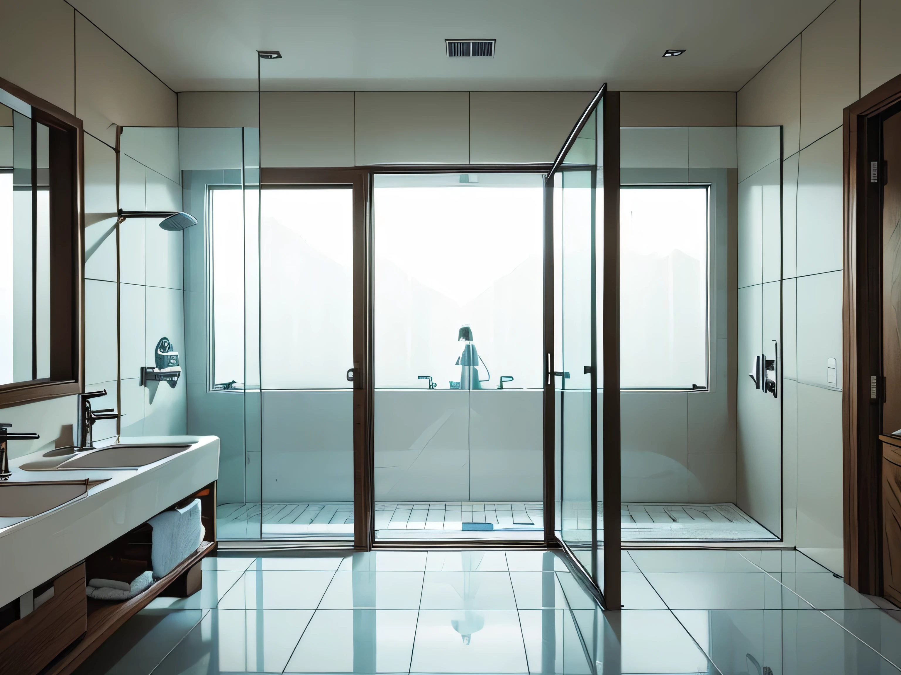 (((long shot)))scenario a large and spacious bathroom. there is a woman taking a shower in the center of the image, We can see it through the shower window, which is fogged by water vapor.