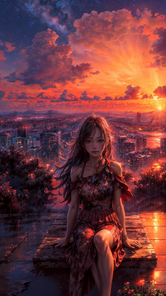 outdoor, high sky, many cloud, red sunset, summer, rain, sky, scenery, sunset sky, far view, wide view,  wind, outdoors, building, cloud, milky way, sitting, tree, long hair, city, silhouette, cityscape