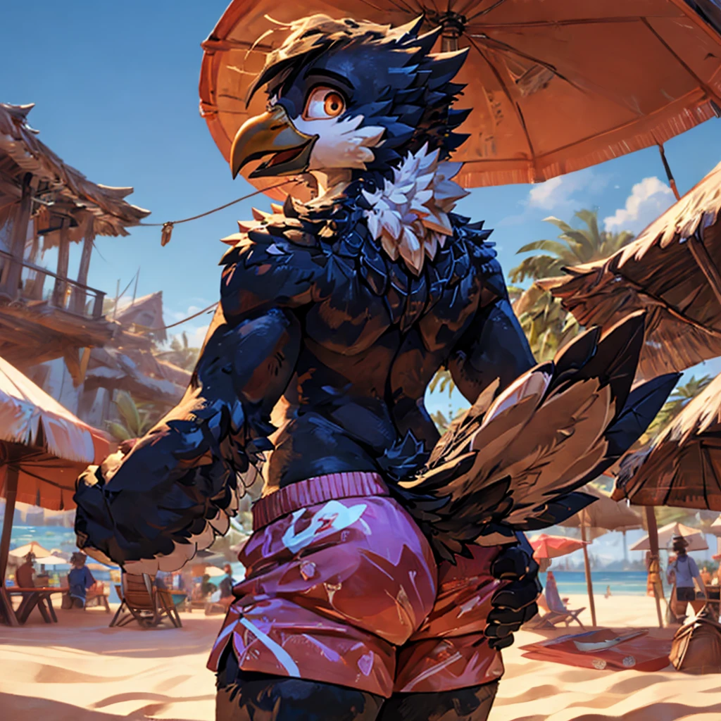 ,4k, 8k, raytracing, photorealistic, realistic, shaded, extreme detail quadruped, detail, detailed, extreme detail, 8k, real, realistic, crisp, sharp, high quality, shadows, raytracing, volumetric light, bloom by nurinaki, beach, (solo), girly, femboy, male, tail up, tailfeathers, feminine body, rear view, presenting butt, twink, thights, grabbing butt, spreading cheeks, surprised, horny, white eagle, avian, bird, orange beak, brown eyes, masterpiece, best quality, beautiful eyes, looking at viewer, swimtrunks, topless,