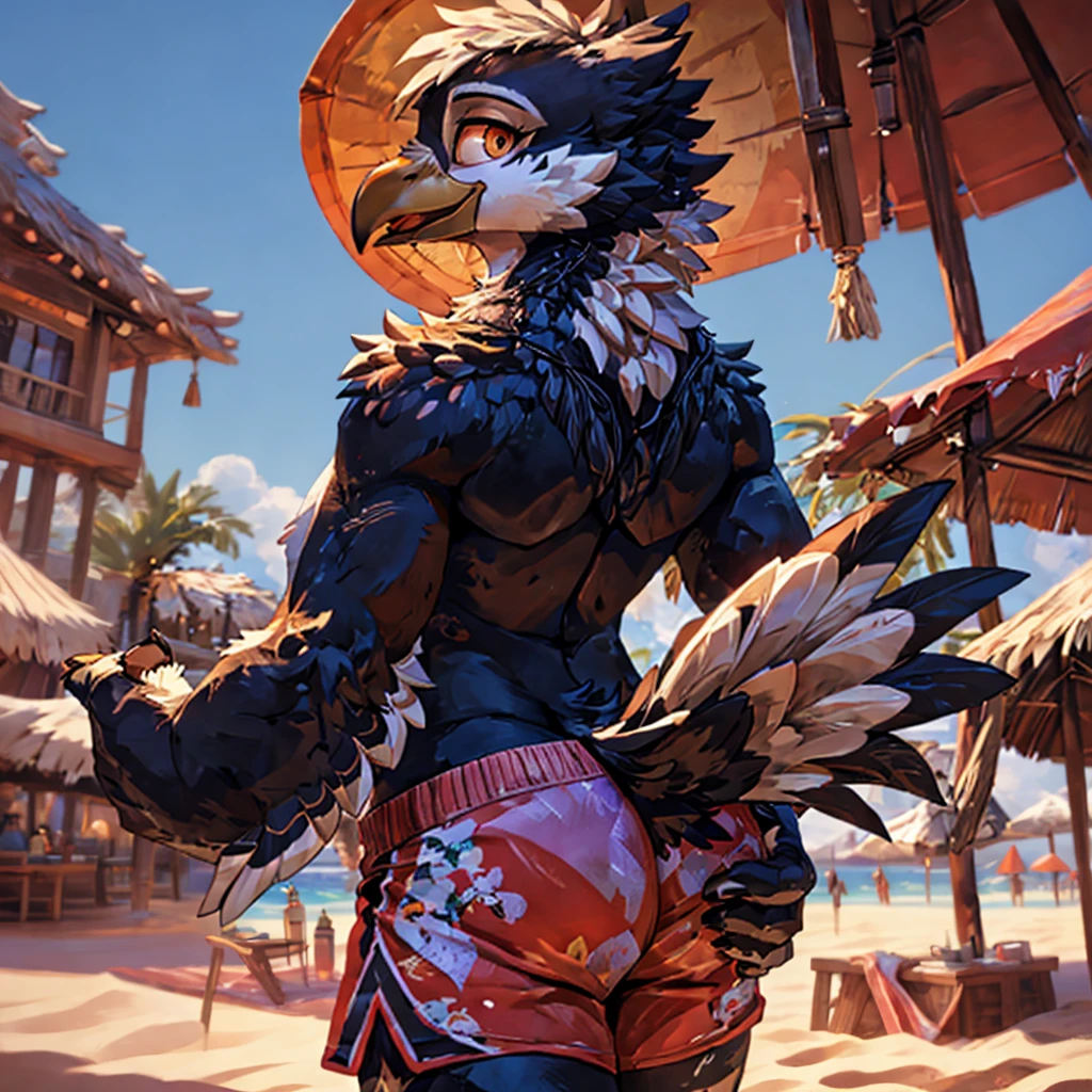 ,4k, 8k, raytracing, photorealistic, realistic, shaded, extreme detail quadruped, detail, detailed, extreme detail, 8k, real, realistic, crisp, sharp, high quality, shadows, raytracing, volumetric light, bloom by nurinaki, beach, (solo), girly, femboy, male, tail up, tailfeathers, feminine body, rear view, presenting butt, twink, thights, grabbing butt, spreading cheeks, surprised, horny, white eagle, avian, bird, orange beak, brown eyes, masterpiece, best quality, beautiful eyes, looking at viewer, swimtrunks, topless,