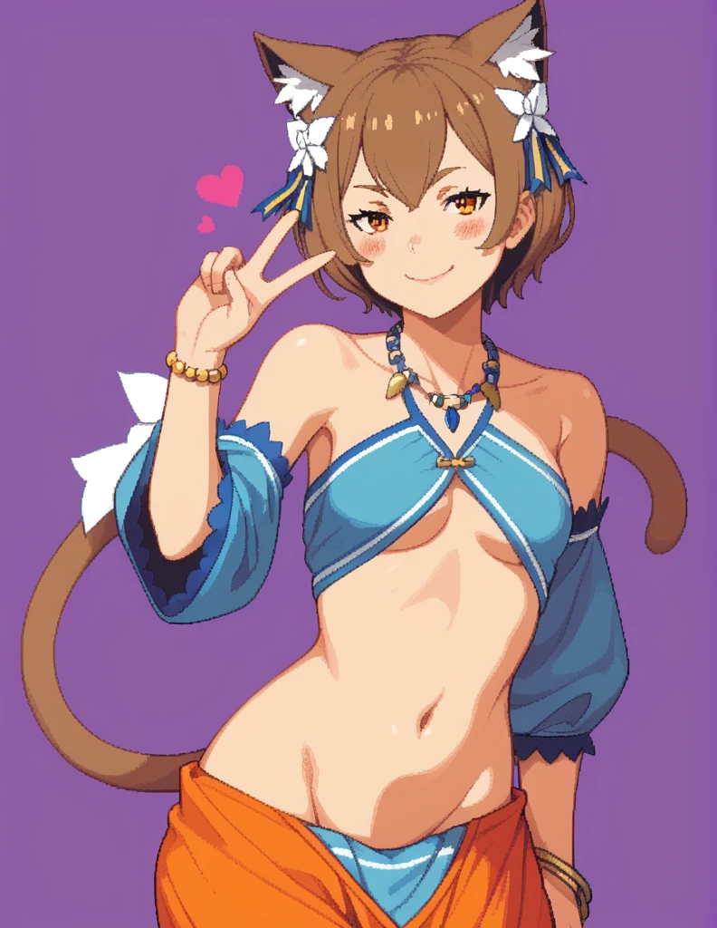 score_9, score_8_up, score_7_up, rating_safe, 1girl, solo, Pixel_Art, Re:Zero, Felix Argyle, orange eyes, brown hair, short hair, side bangs, no breats, revealing clothing, harem outfit, collarbone, backless, cross halter, necklace, loose sleeves, bracelet, bare shoulders, navel , hip vent, harem pants, cowboy shot, v, raise hand, look at viewer, simple background, purple background, heart background, blush, naughty face, smile, half-closed eyes, nude, ecchi, turn your back, big butt, hentai, porn, very hot, shows us her butt, cat ear, cat tail, show big butt