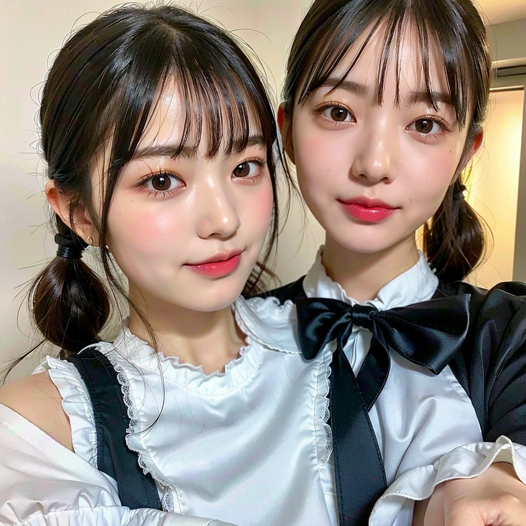8K, RAW Photos, Highest quality, masterpiece:1.2), Super detailed, Ultra-high resolution, (Realistic, photo Realistic:1.37), High-definition RAW color photos, Professional photos, Depth of written boundary, Detailed lips、Beautiful, shining lips, Detailed face、Very delicate and beautiful, Very detailed, In detail, Large file size, Very detailed beautiful girl, Very detailed face, Very detailed eyes, Very detailed skin, Very detailed mouth, Very detailed clothing, One girl, (18-year-old:1.2), Ten generations, Cute girl, Famous Japanese Idols, Realistic body, , Fair skin, Black Hair, (Twin tails:1.2),Cat ears headband， (Wavy Hair:1.2), (Blunt bangs:1.2), smile, young, Cute face, Baby Face, Realistic face, Beautiful and detailed eyes, Droopy eyes, Big black eyes, Beautiful and clear eyes, (White ruffled blouse:1.3), (race:1.2), (Black bow tie:1.1), (Hair Ribbon:1.2), View Viewer, Scattered beneath the surface,(blush:0.5), Detailed skin texture, Facing forward, Dynamic Lighting,(Highest quality,masterpiece:1.3,Ultra-high resolution),(Very detailed,Caustics,8K),(Realistic:1.4,RAW shooting),smileでカメラを見ている鎖骨素肌,Shoulder Bare Skin,,(Face Focus:1.1),(Face close-up:1.1),sunset,Natural light