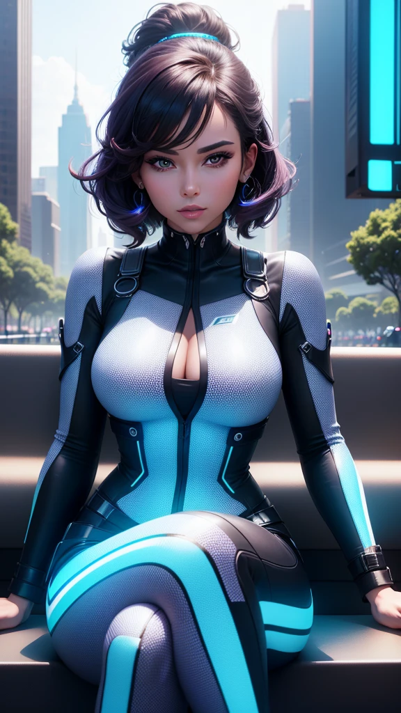 A highly productive woman with a seductive figure is sitting on a bench in a futuristic city park in the year 2050, holding a holographic tablet, with a backdrop of minimalist buildings and neon trees. The camera faces her directly, highlighting her focused expression.