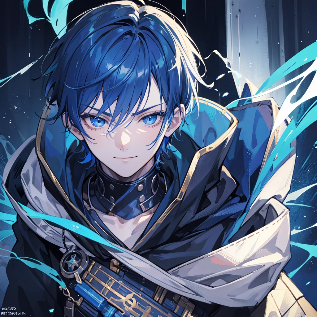 1 boy, close up face,
a handsome young man, short cut,blue hair, blue eyes, mischievous smile, large hooded sweatshirt, detailed portrait, cinematic lighting, dramatic colors, intricate details, striking pose, moody atmosphere