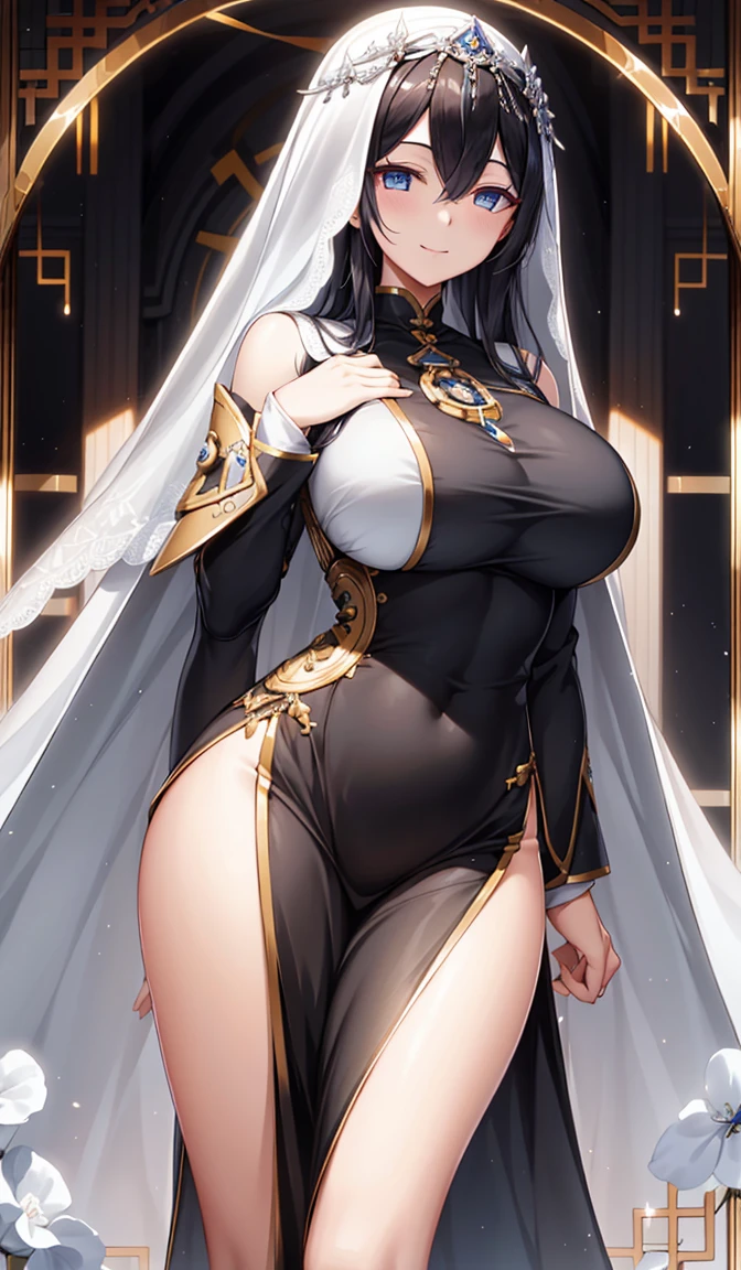 White Chinese Dress. Shiny long black hair, A benevolent smile, 30 year old nun.(White Veil),Gold cross around neck, Dark blue eyes,, Shapely large breasts , Beautiful breasts,