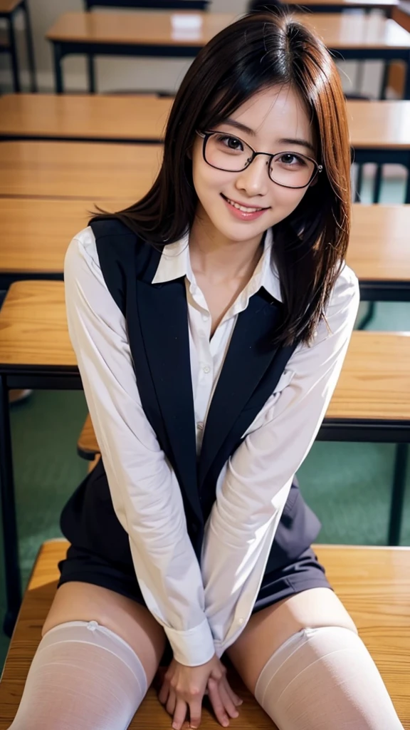 Highest quality、Japanese、teacher、Glasses、Sitting at the Teaching Table、Inserting the penis into the vagina、、Normal position、Have sex、naked、Thick pubic hair、suit、stockings、Tight mini skirt、classroom、smile