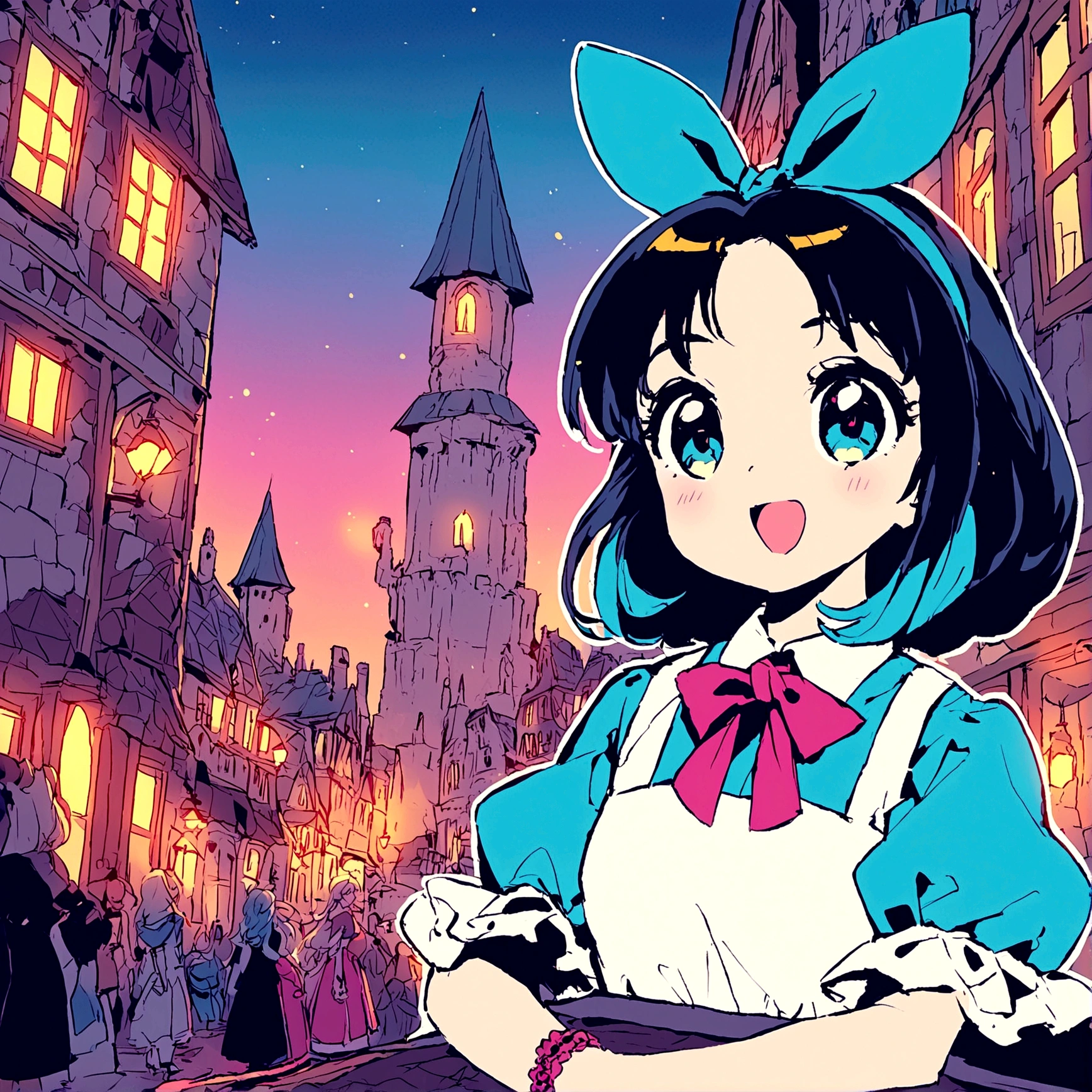 Create a high-resolution 16:9 image in the style of 1980s illustrations with reduced saturation and brightness, high contrast, and thick outlines. The background features a bustling medieval European town at night, filled with magic and floating lights. In the foreground, there is a young girl inspired by Alice in Wonderland, standing and enjoying the town. She has bobbed hair with parted bangs and is wearing platform shoes. Capture the image from a low angle, showcasing both the girl and the lively town.
