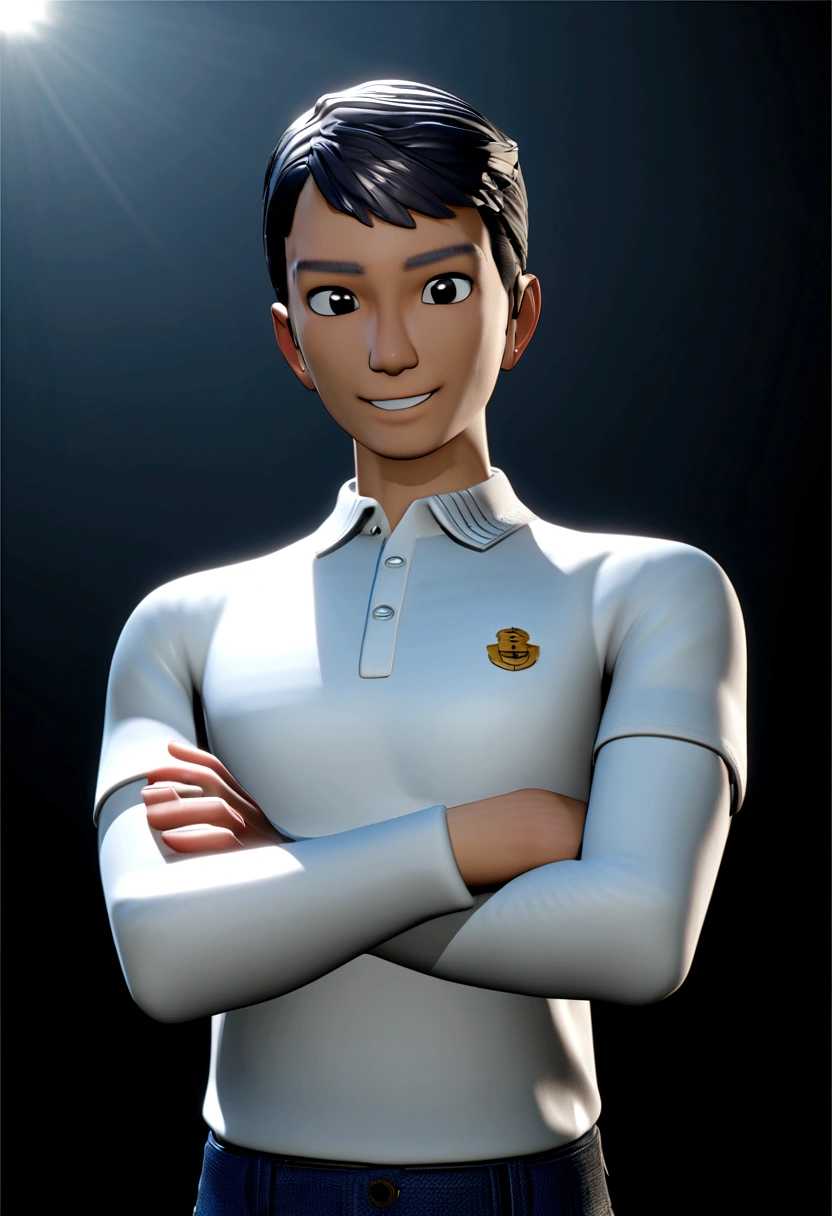 Man in frontal can . Cartoon in white polo shirt with white collar and sleeves, plain shirt without details. navy blue jeans, crossed arms, looking straight ahead and smiling with teeth slightly showing; big black eyes, hair grey ,in a clear setting , 3d