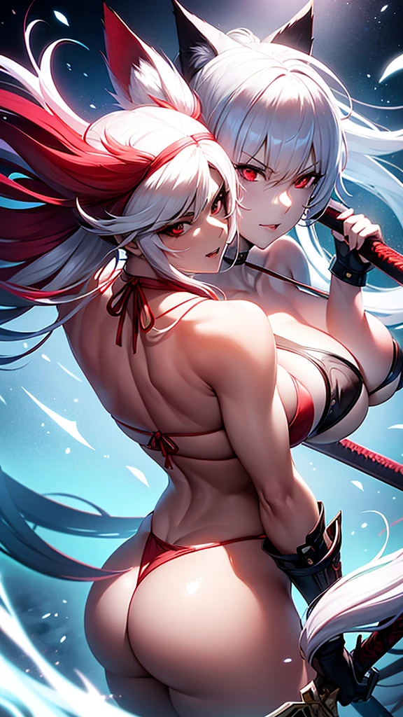 An adult woman half fox and wolf, wide breasts, red eyes, white hair, very angry, in a bikini, on her back, wide ass, looking back, with a sword, and very sexy