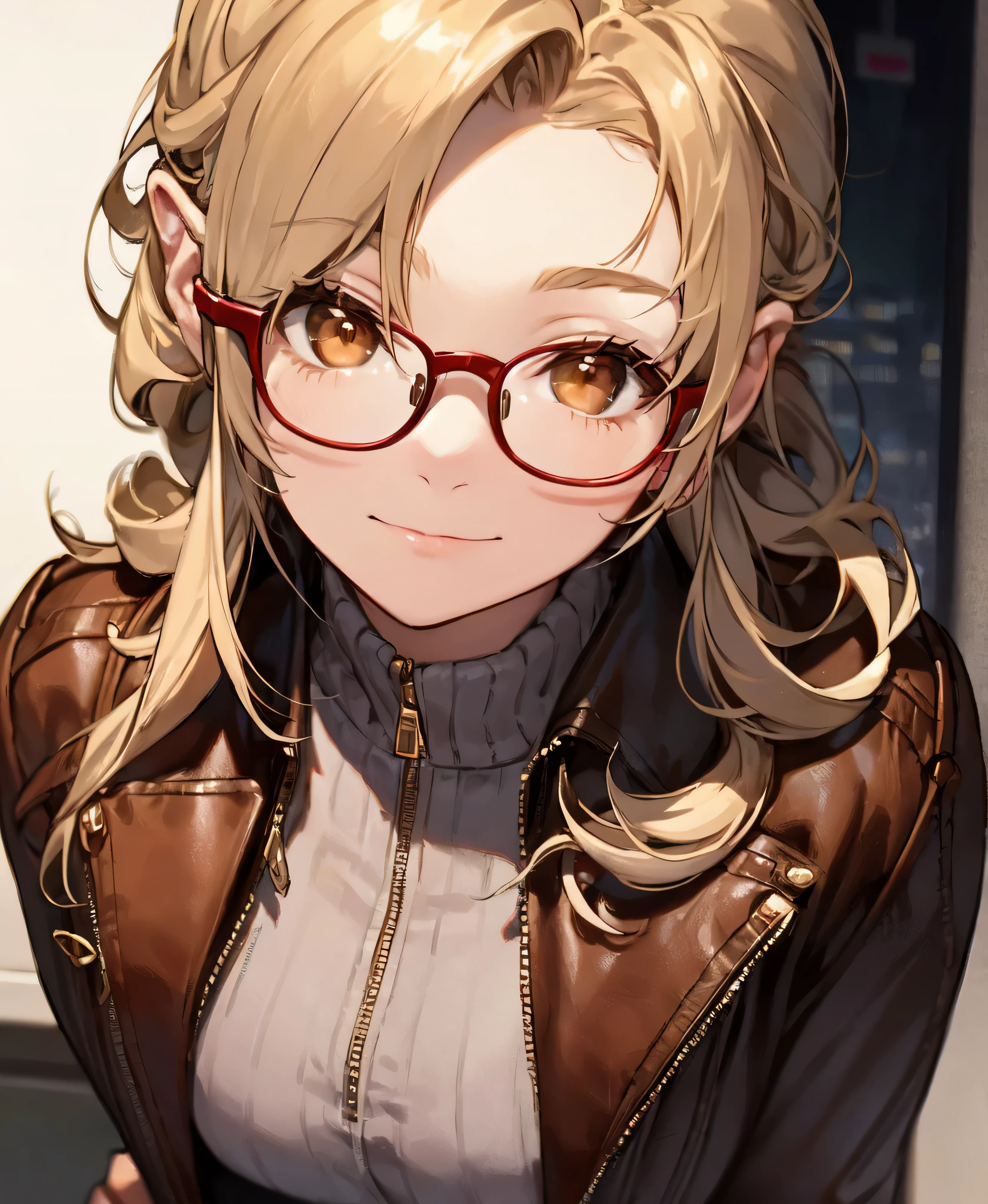 masterpiece, Concept Art, Close-up shot, Portraiture, Are standing, One girl, melania, Reverse 1999, Glasses, Long blonde hair, leather jacket, Black Skirt, (Red leggings), Background of the museum
